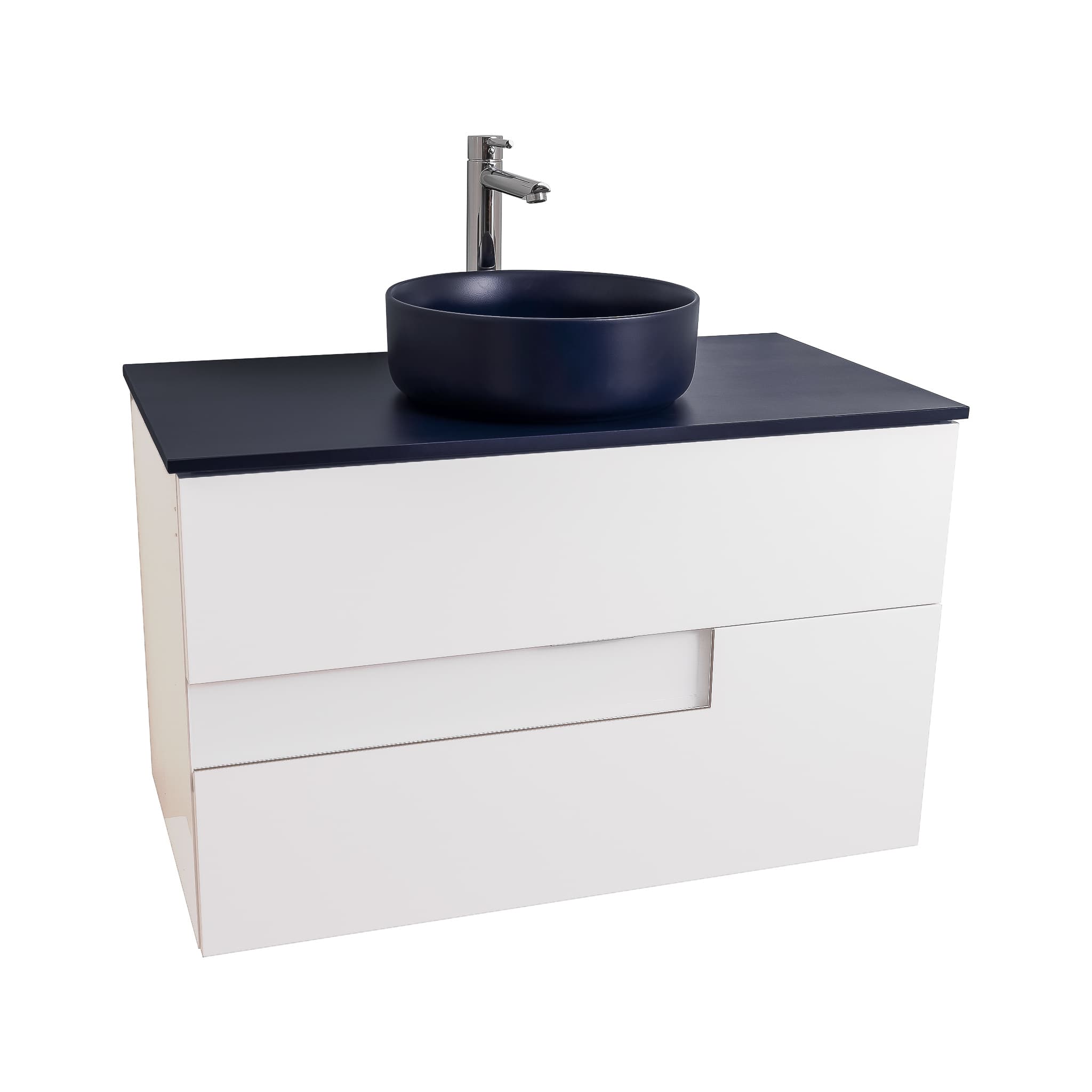 Vision 31.5 White High Gloss Cabinet, Ares Navy Blue Top And Ares Navy Blue Ceramic Basin, Wall Mounted Modern Vanity Set