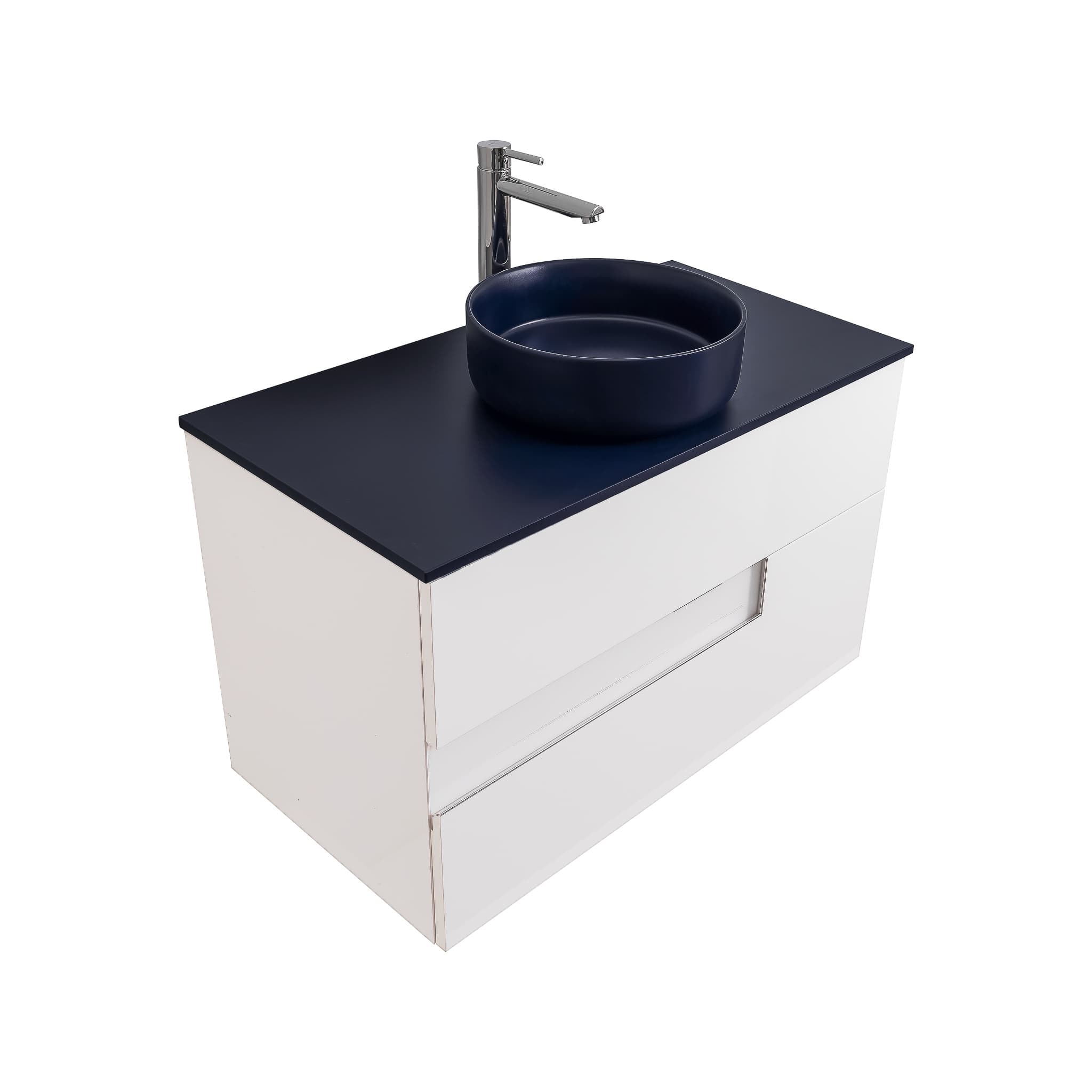 Vision 31.5 White High Gloss Cabinet, Ares Navy Blue Top And Ares Navy Blue Ceramic Basin, Wall Mounted Modern Vanity Set