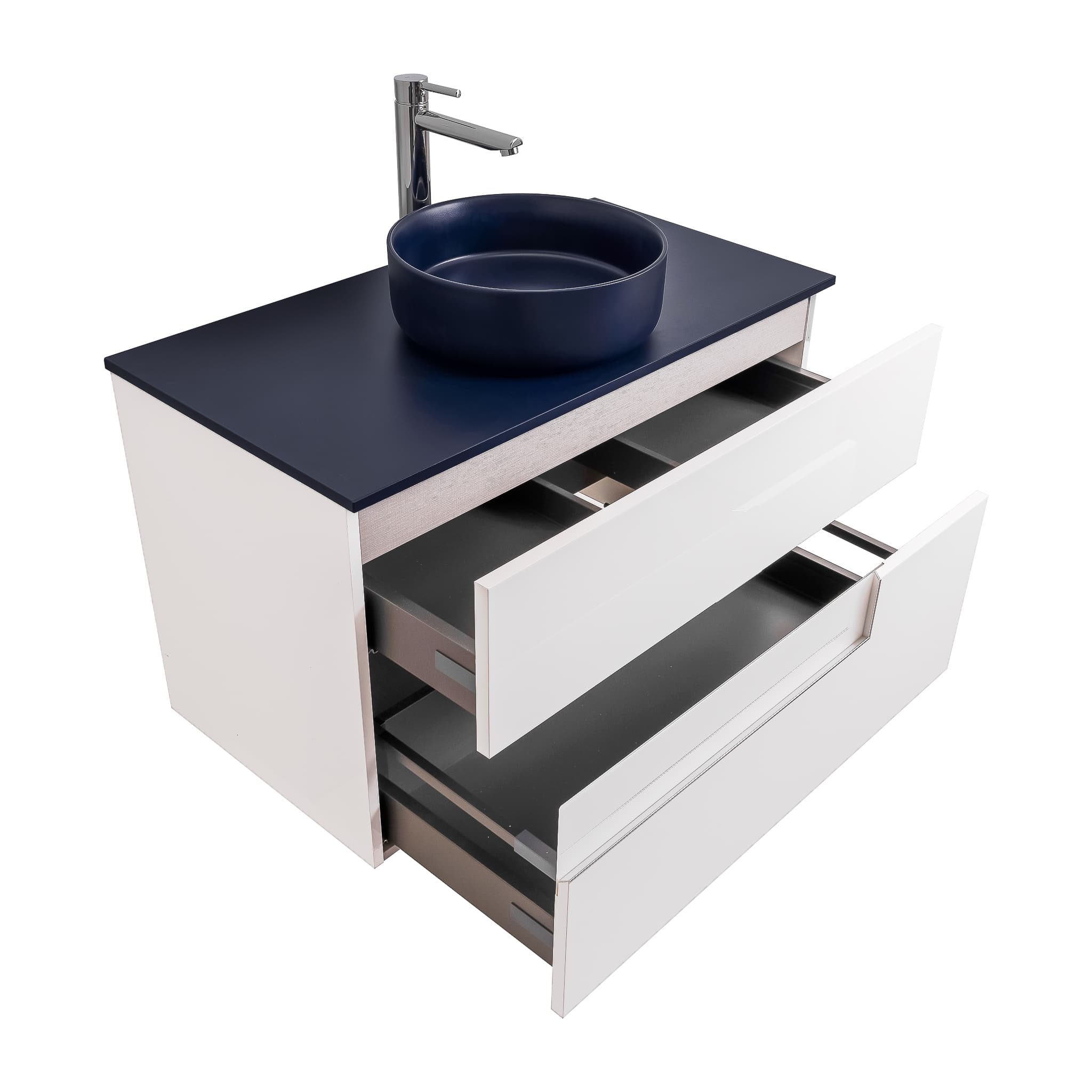 Vision 31.5 White High Gloss Cabinet, Ares Navy Blue Top And Ares Navy Blue Ceramic Basin, Wall Mounted Modern Vanity Set