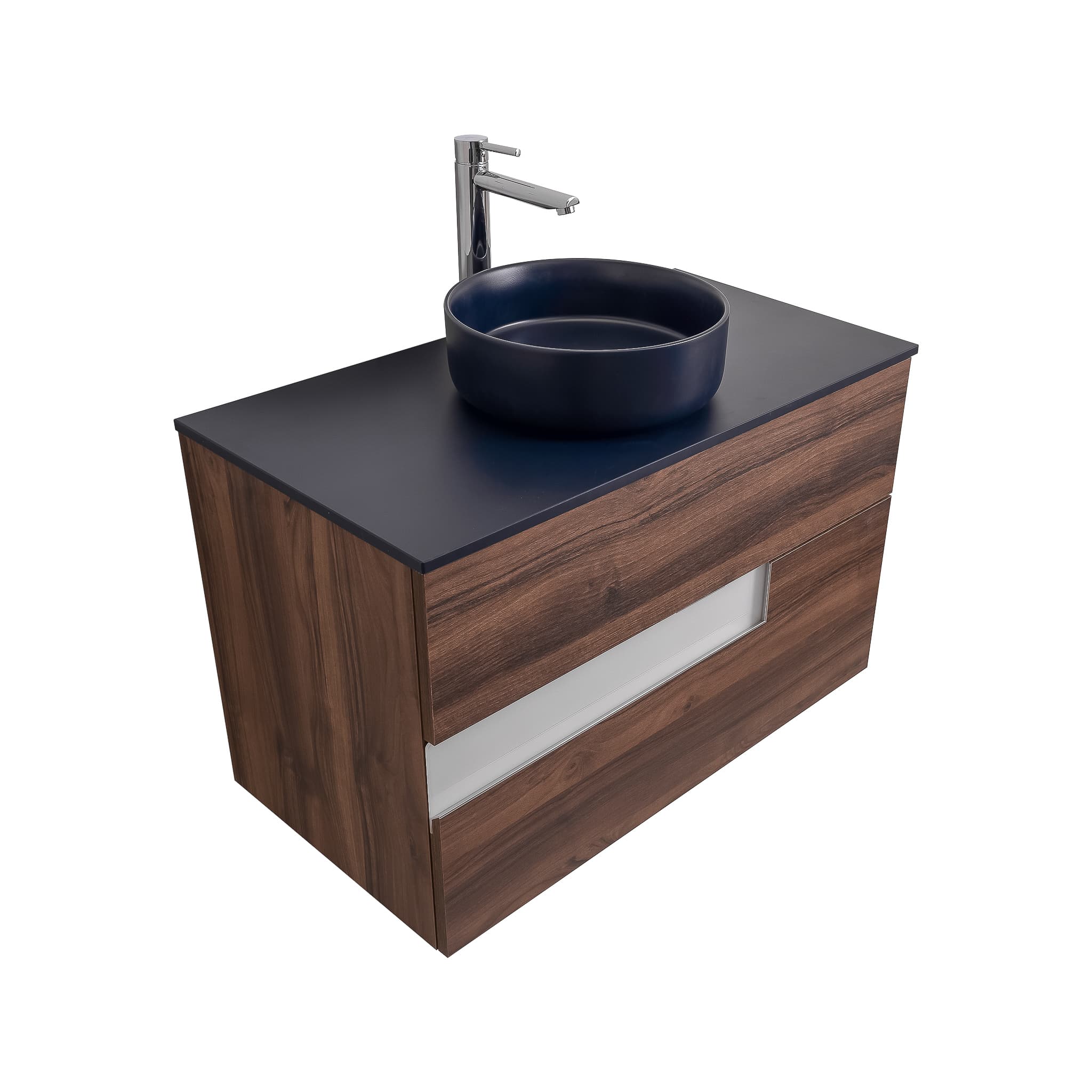 Vision 35.5 Valenti Medium Brown Wood Cabinet, Ares Navy Blue Top And Ares Navy Blue Ceramic Basin, Wall Mounted Modern Vanity Set