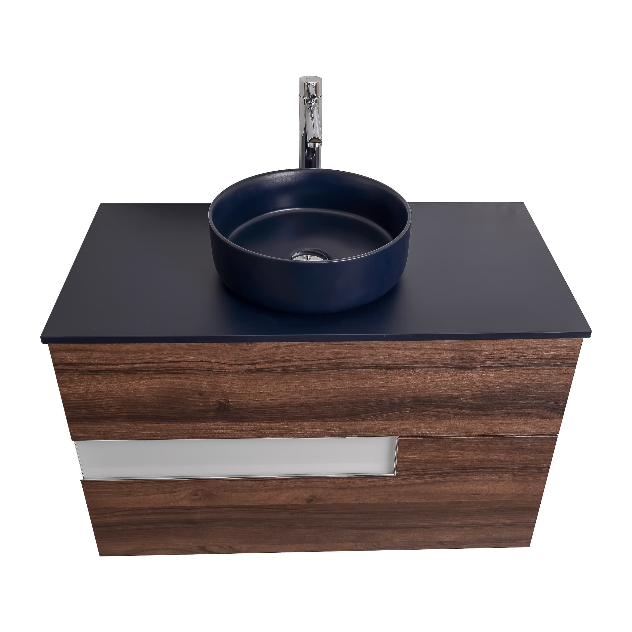 Vision 35.5 Valenti Medium Brown Wood Cabinet, Ares Navy Blue Top And Ares Navy Blue Ceramic Basin, Wall Mounted Modern Vanity Set