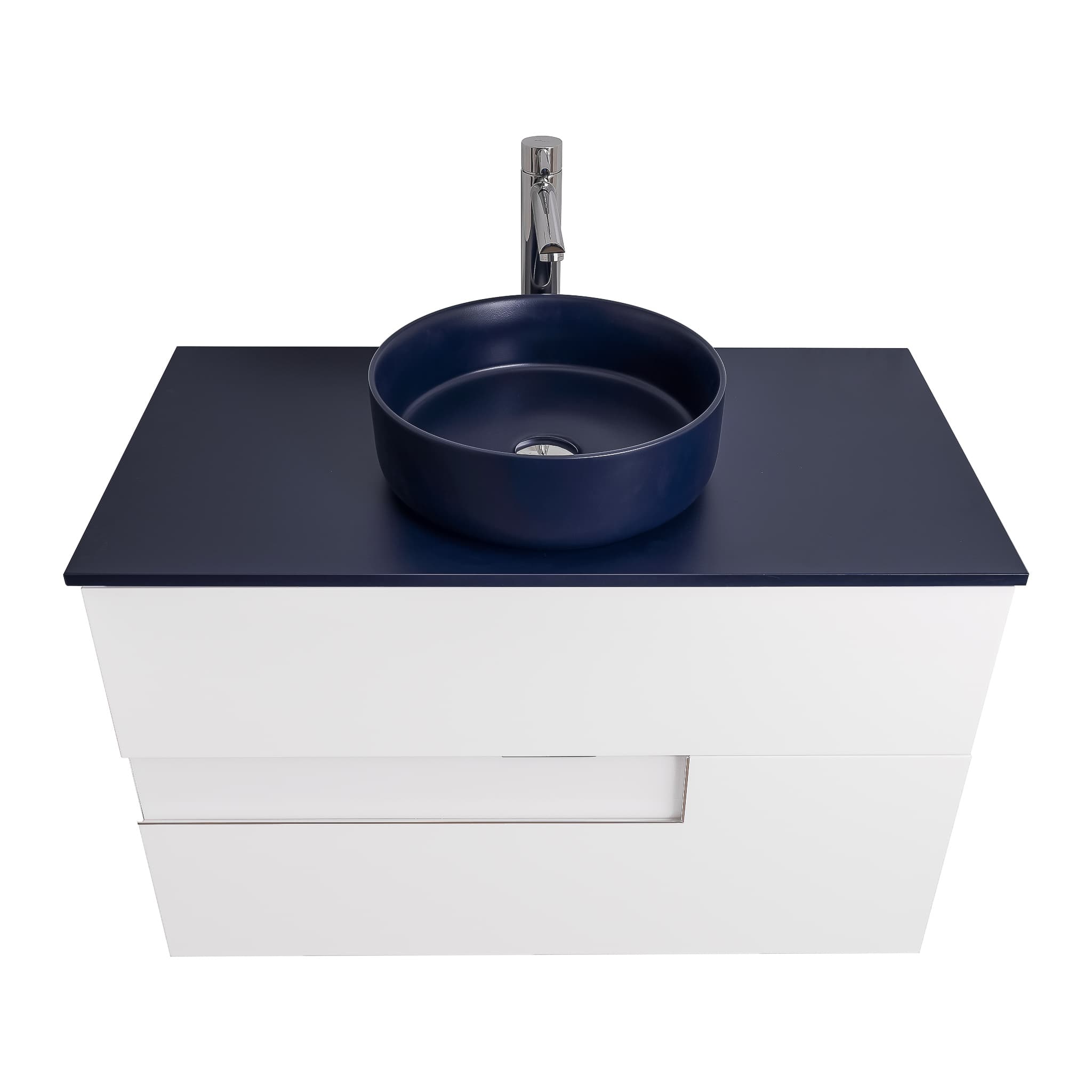 Vision 39.5 White High Gloss Cabinet, Ares Navy Blue Top And Ares Navy Blue Ceramic Basin, Wall Mounted Modern Vanity Set