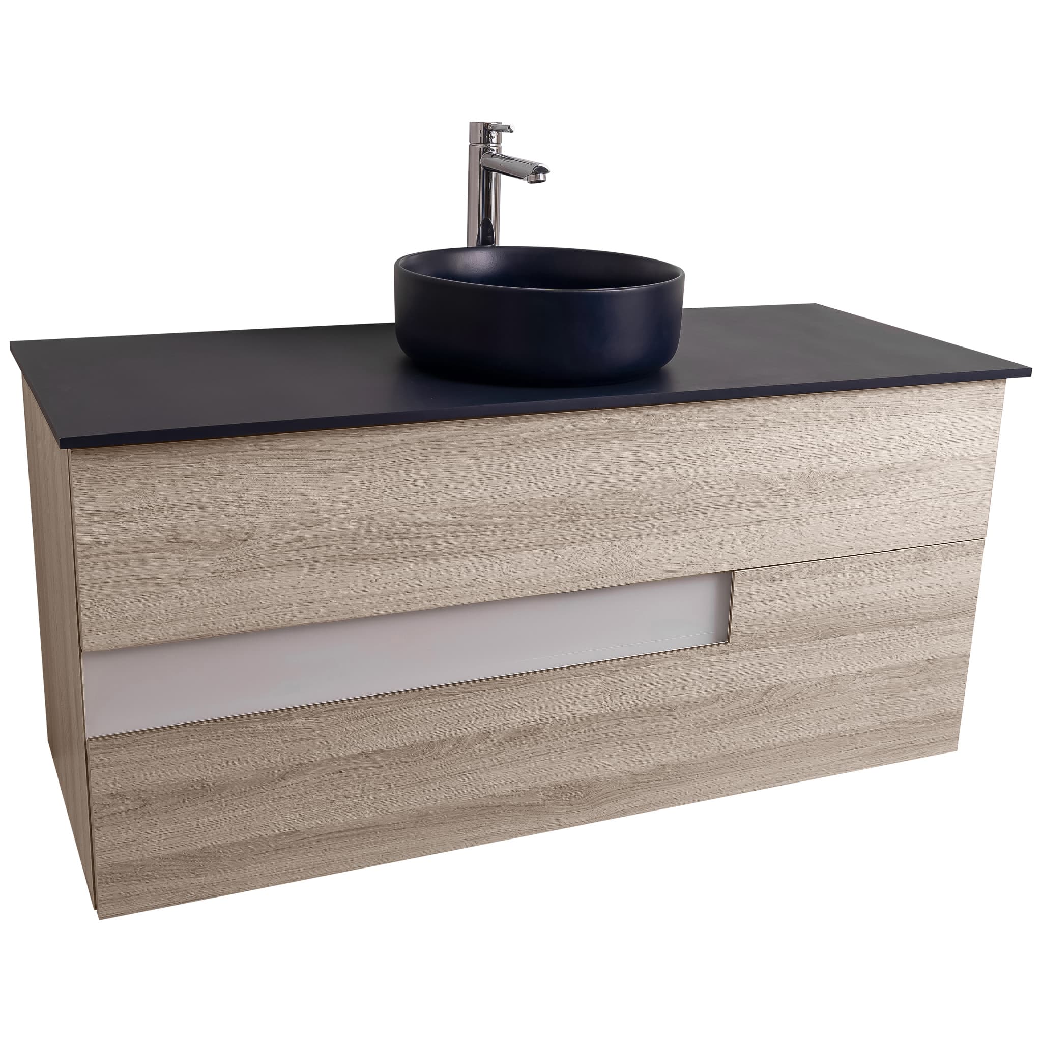 Vision 47.5 Natural Light Wood Cabinet, Ares Navy Blue Top And Ares Navy Blue Ceramic Basin, Wall Mounted Modern Vanity Set