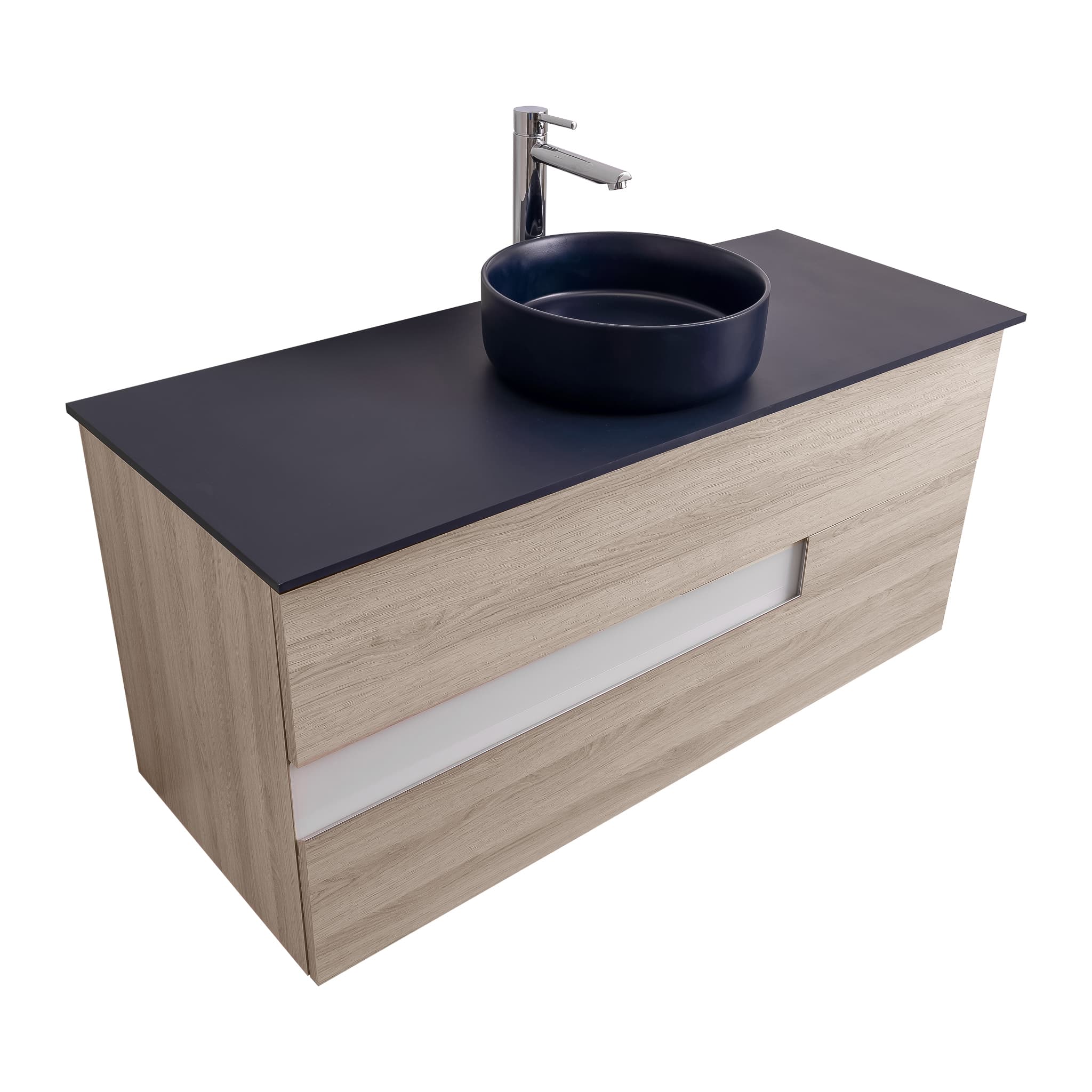 Vision 47.5 Natural Light Wood Cabinet, Ares Navy Blue Top And Ares Navy Blue Ceramic Basin, Wall Mounted Modern Vanity Set Bath Trends USA