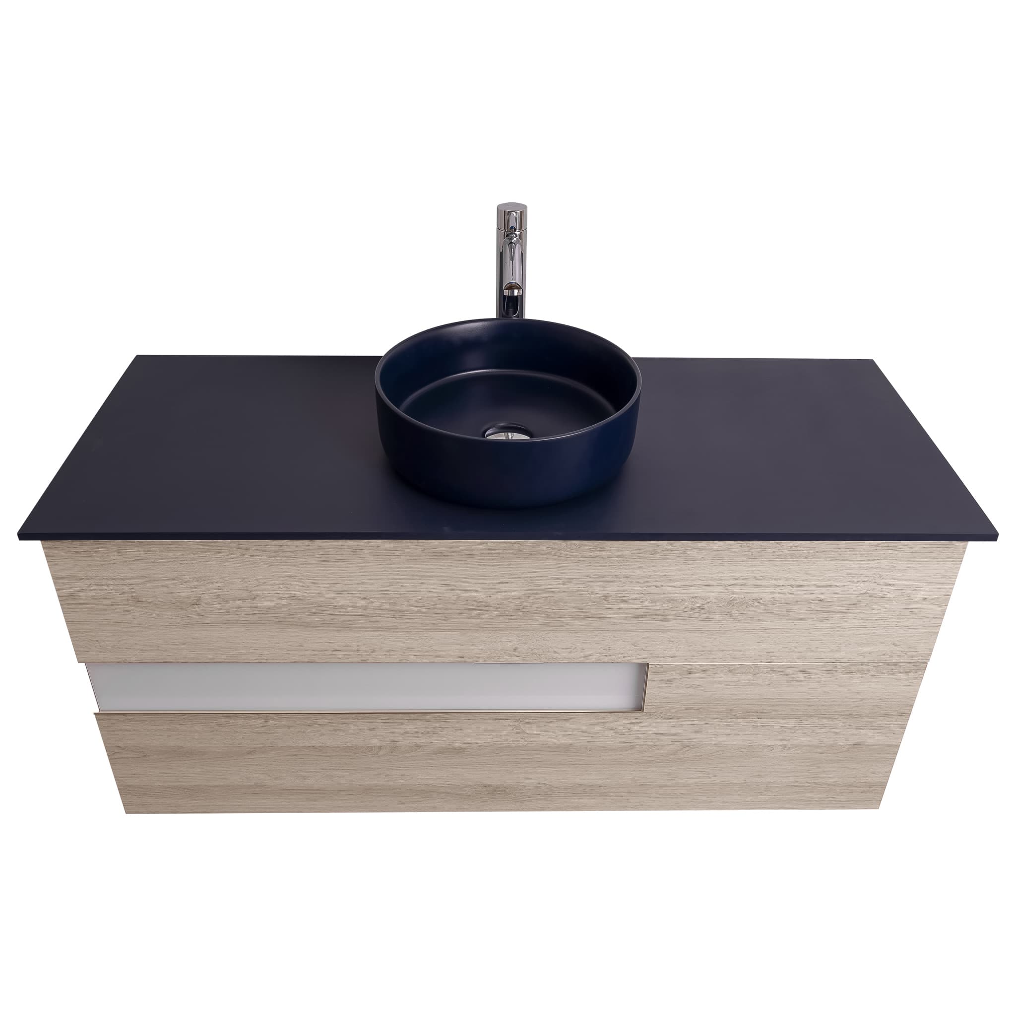 Vision 47.5 Natural Light Wood Cabinet, Ares Navy Blue Top And Ares Navy Blue Ceramic Basin, Wall Mounted Modern Vanity Set