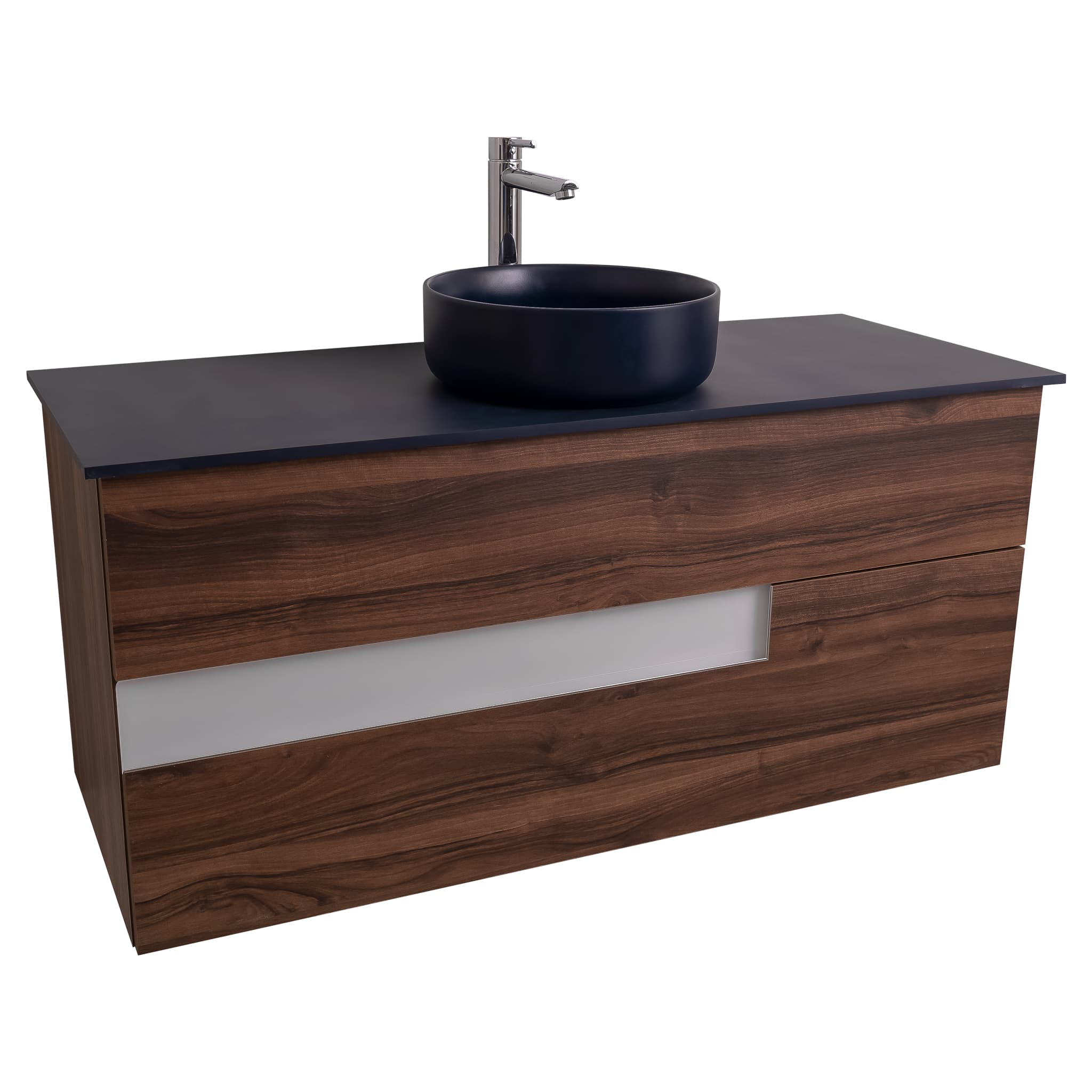 Vision 47.5 Valenti Medium Brown Wood Cabinet, Ares Navy Blue Top And Ares Navy Blue Ceramic Basin, Wall Mounted Modern Vanity Set