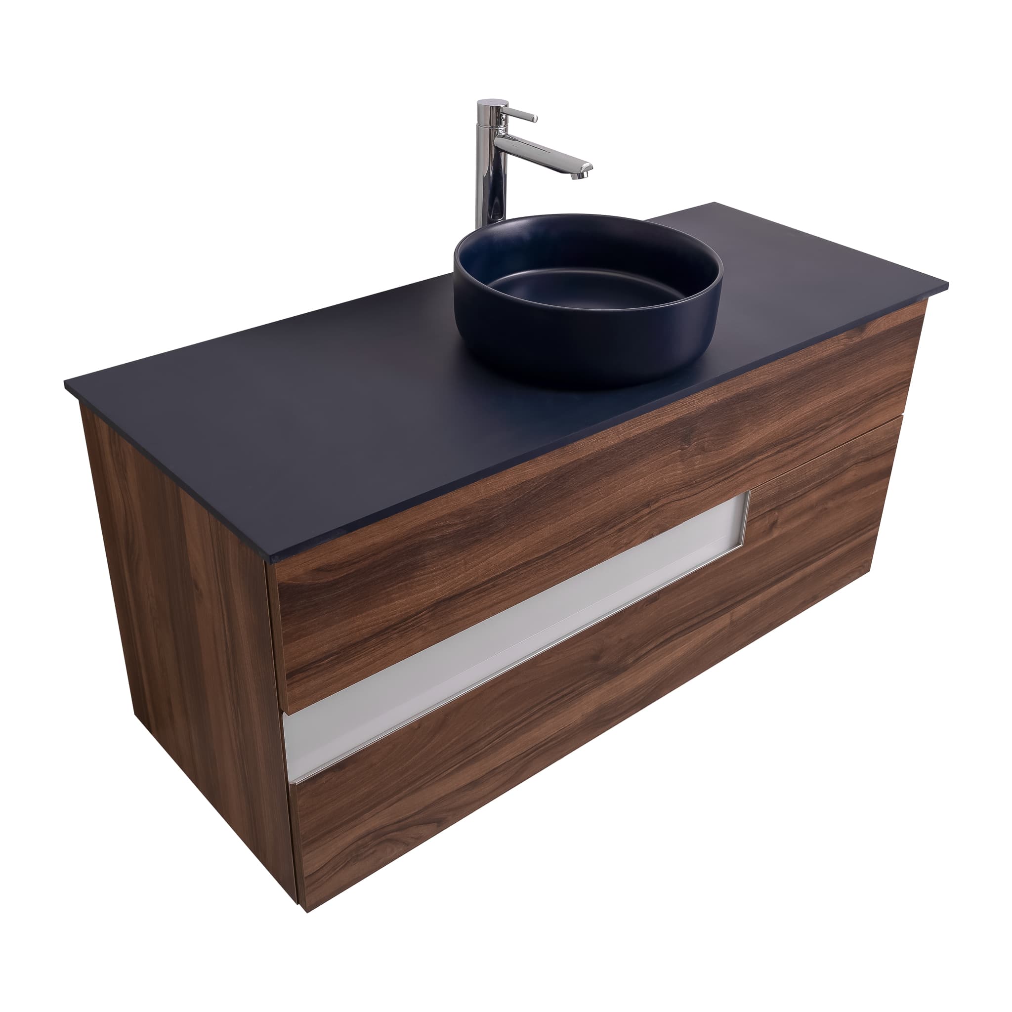 Vision 47.5 Valenti Medium Brown Wood Cabinet, Ares Navy Blue Top And Ares Navy Blue Ceramic Basin, Wall Mounted Modern Vanity Set