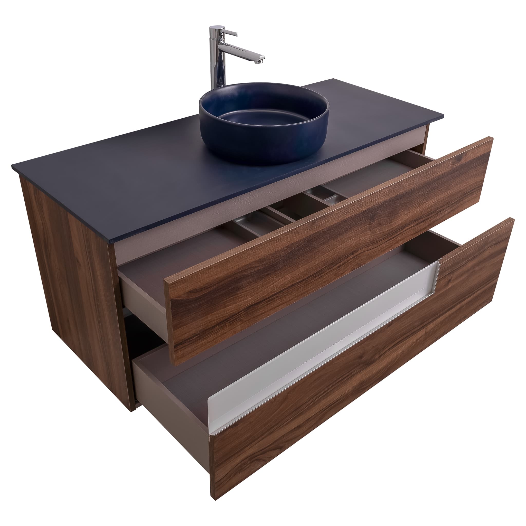 Vision 47.5 Valenti Medium Brown Wood Cabinet, Ares Navy Blue Top And Ares Navy Blue Ceramic Basin, Wall Mounted Modern Vanity Set Bath Trends USA