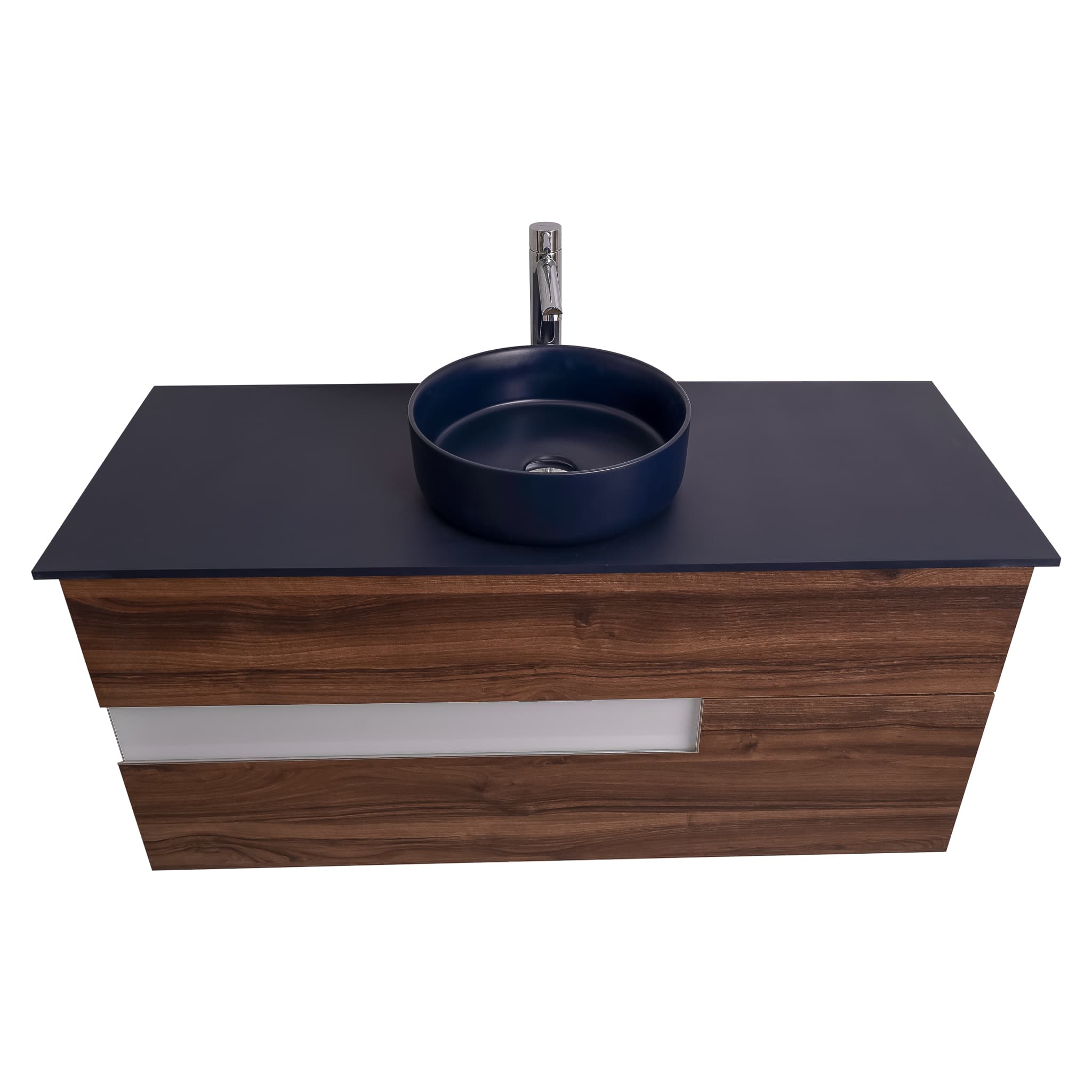 Vision 47.5 Valenti Medium Brown Wood Cabinet, Ares Navy Blue Top And Ares Navy Blue Ceramic Basin, Wall Mounted Modern Vanity Set