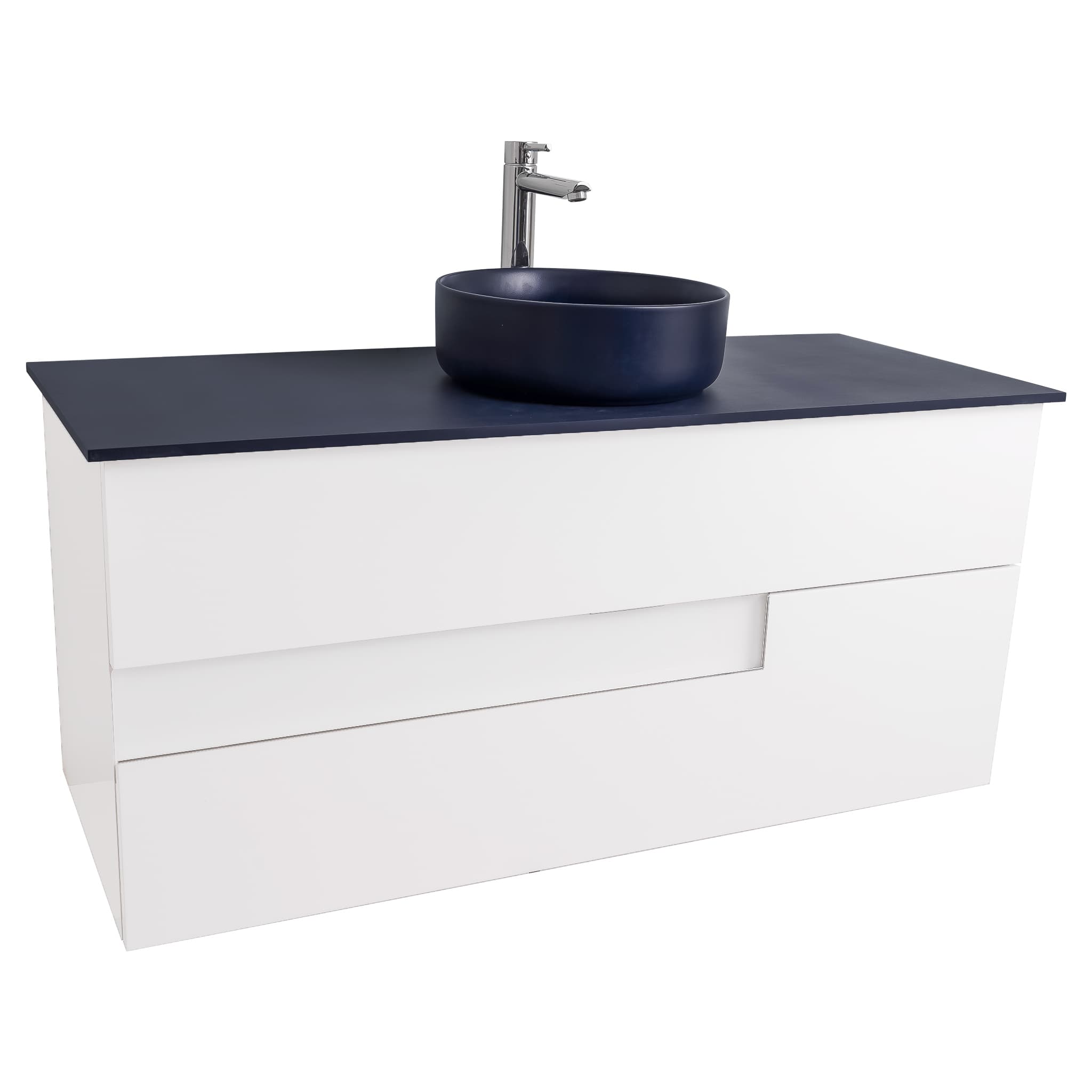 Vision 47.5 White High Gloss Cabinet, Ares Navy Blue Top And Ares Navy Blue Ceramic Basin, Wall Mounted Modern Vanity Set Bath Trends USA