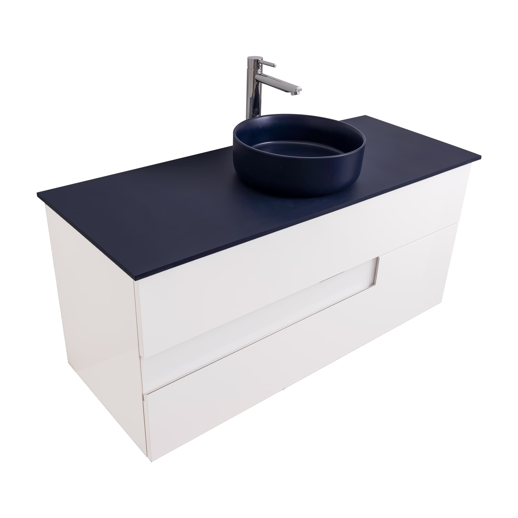 Vision 47.5 White High Gloss Cabinet, Ares Navy Blue Top And Ares Navy Blue Ceramic Basin, Wall Mounted Modern Vanity Set Bath Trends USA