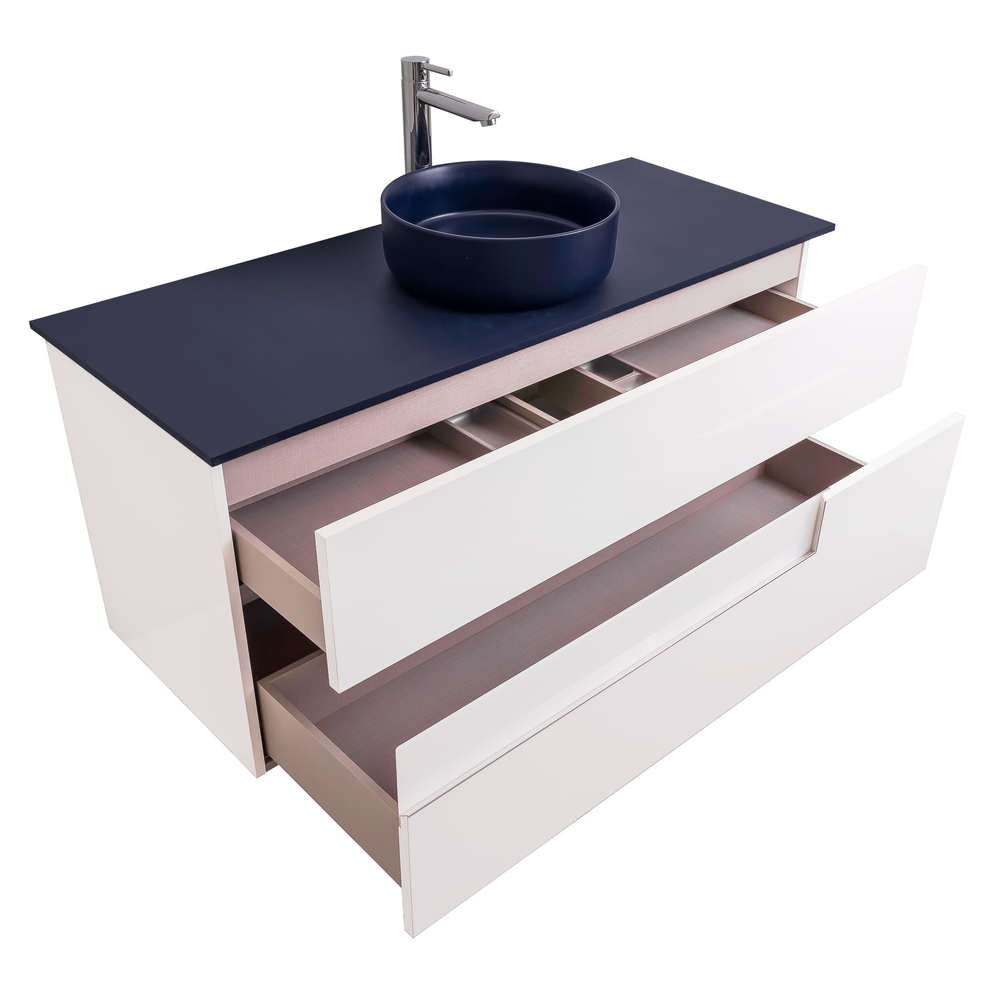 Vision 47.5 White High Gloss Cabinet, Ares Navy Blue Top And Ares Navy Blue Ceramic Basin, Wall Mounted Modern Vanity Set Bath Trends USA