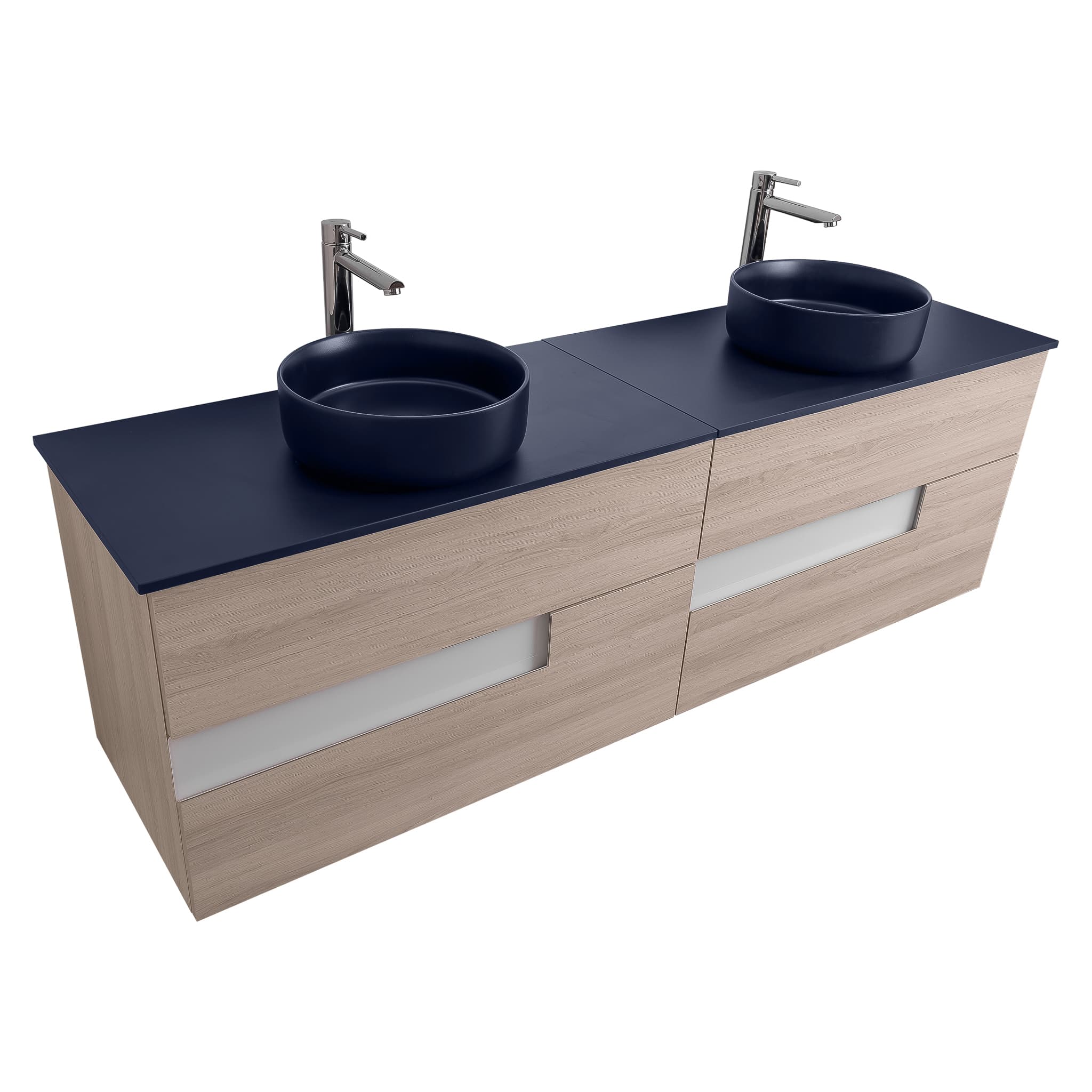 Vision 63 Natural Light Wood Cabinet, Ares Navy Blue Top And Two Ares Navy Blue Ceramic Basin, Wall Mounted Modern Vanity Set