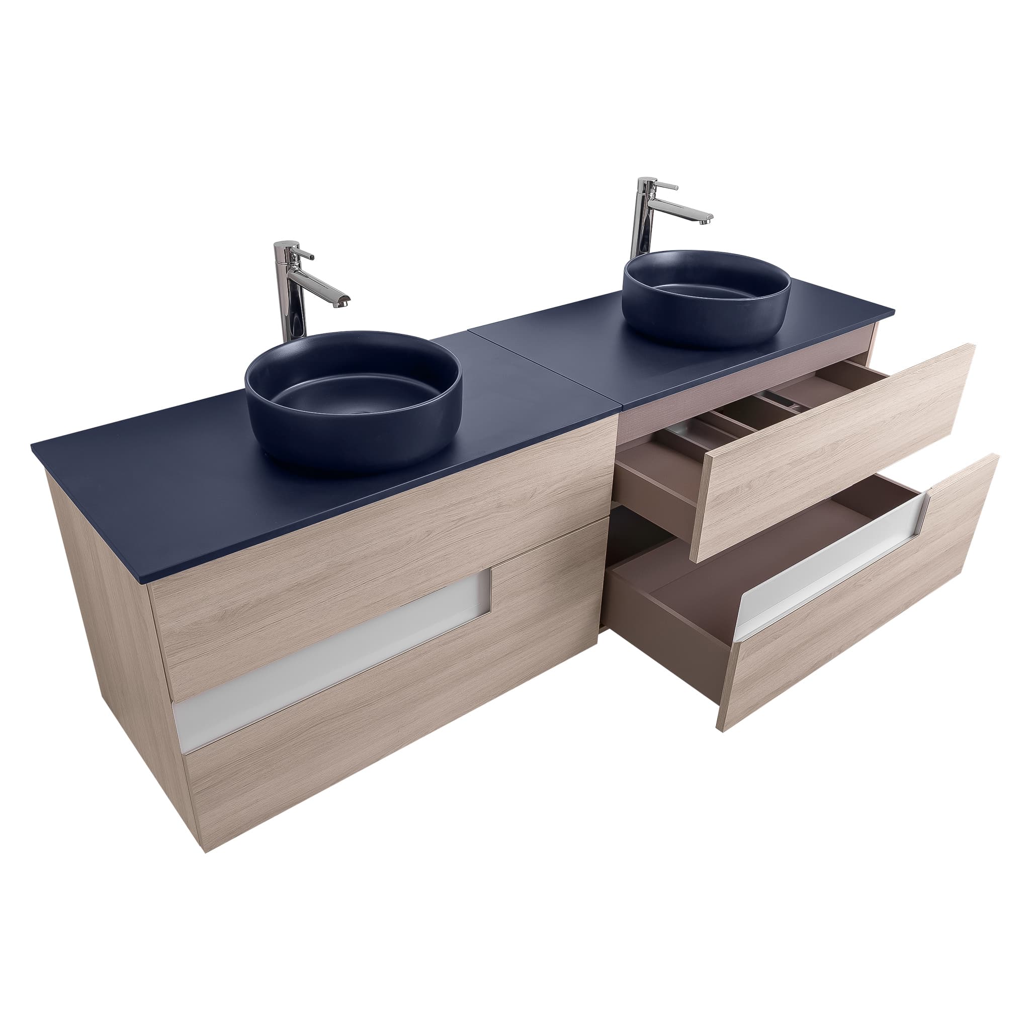 Vision 63 Natural Light Wood Cabinet, Ares Navy Blue Top And Two Ares Navy Blue Ceramic Basin, Wall Mounted Modern Vanity Set