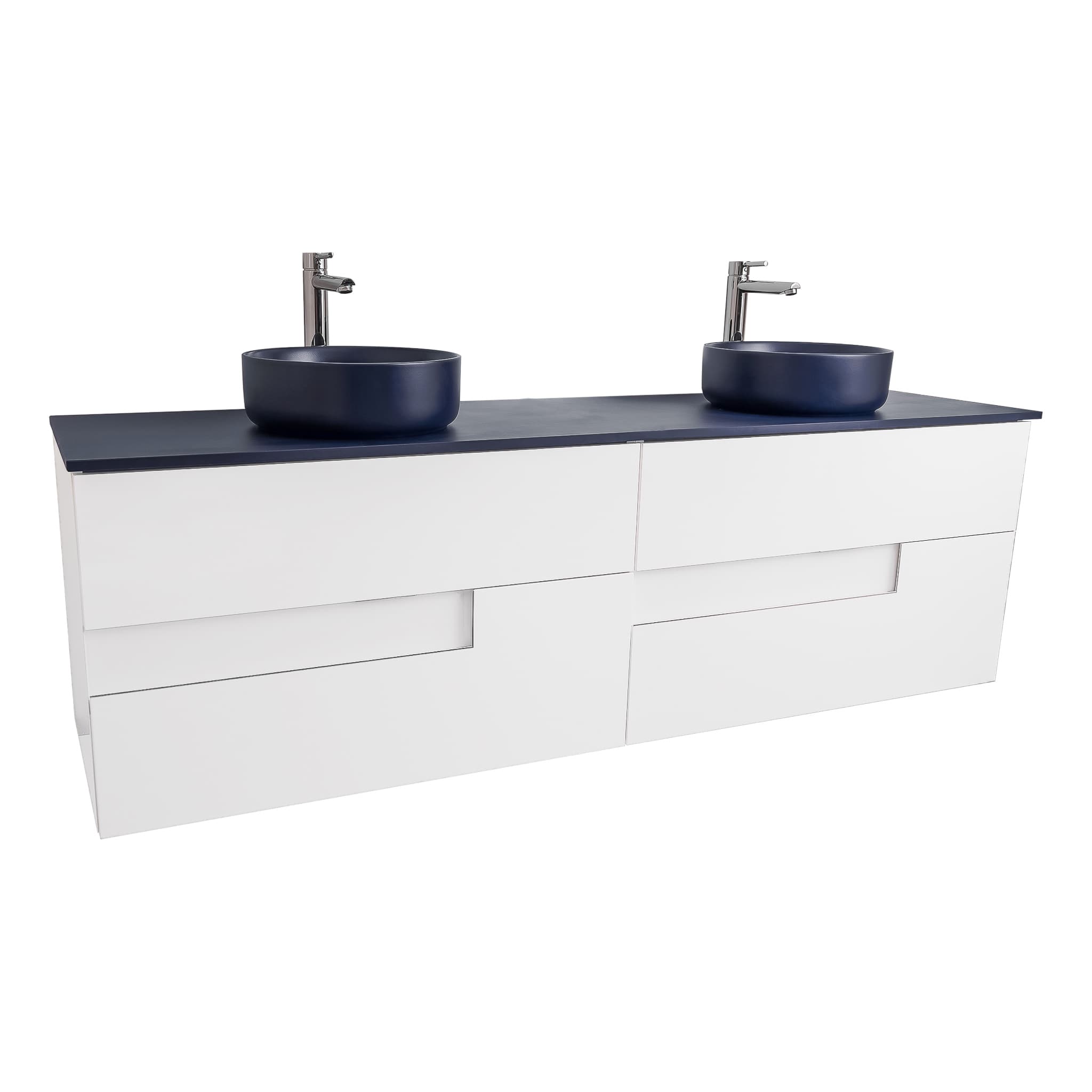 Vision 63 White High Gloss Cabinet, Ares Navy Blue Top And Two Ares Navy Blue Ceramic Basin, Wall Mounted Modern Vanity Set