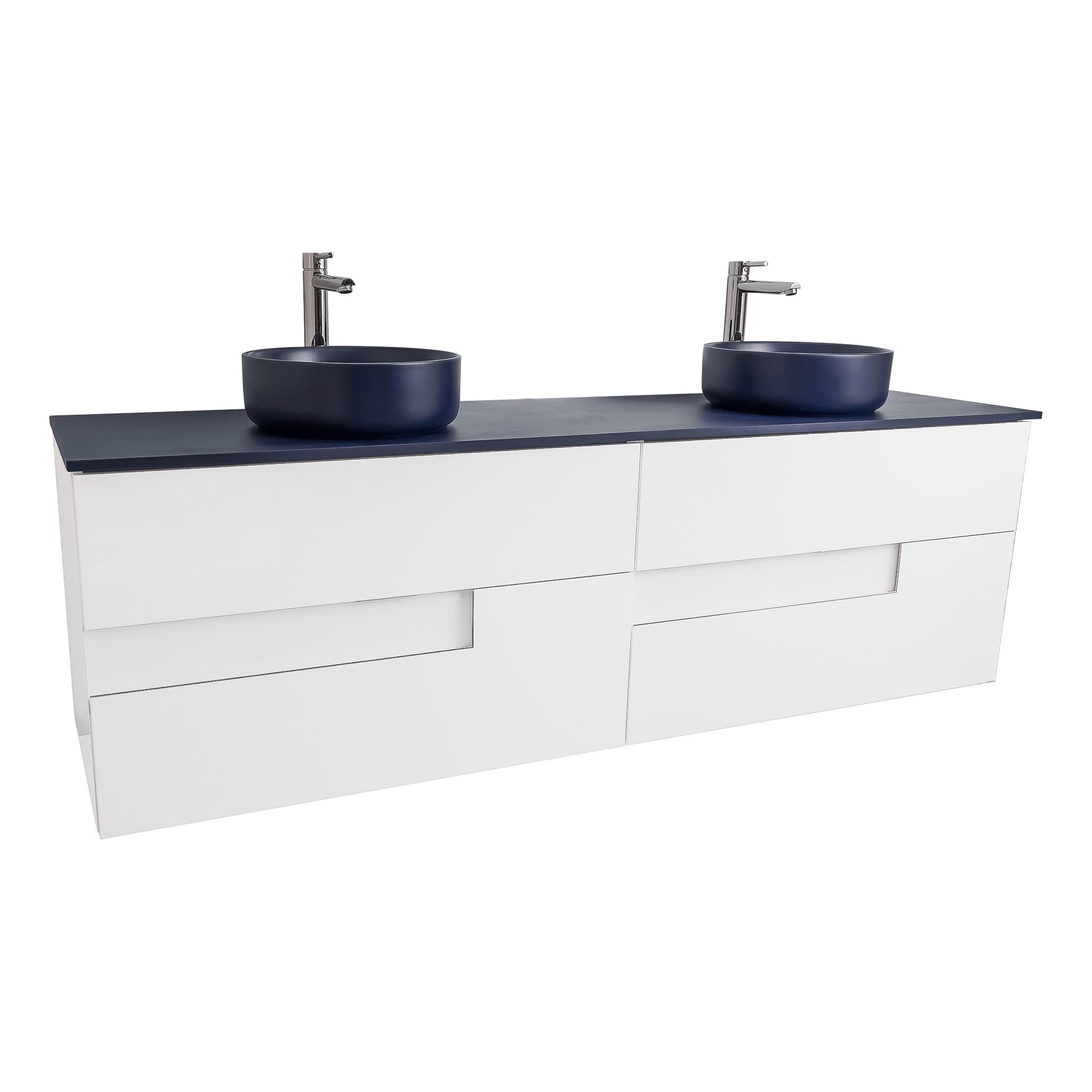 Vision 63 White High Gloss Cabinet, Ares Navy Blue Top And Two Ares Navy Blue Ceramic Basin, Wall Mounted Modern Vanity Set Bath Trends USA