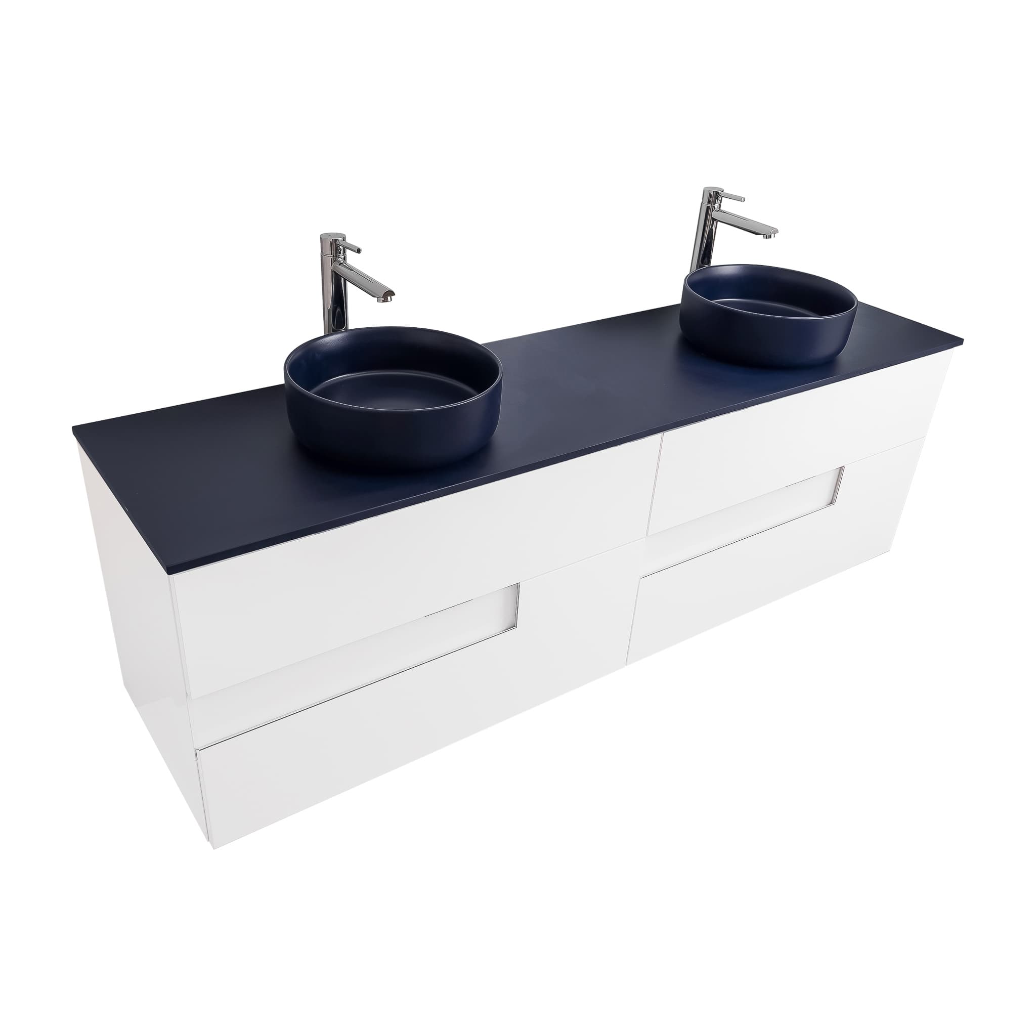 Vision 63 White High Gloss Cabinet, Ares Navy Blue Top And Two Ares Navy Blue Ceramic Basin, Wall Mounted Modern Vanity Set