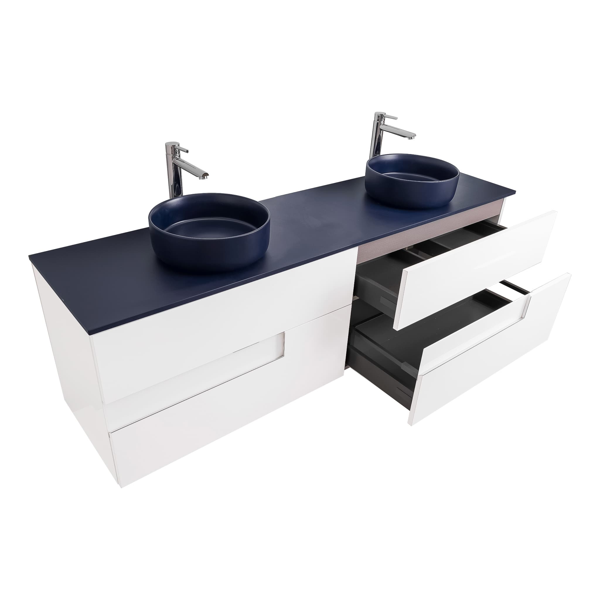 Vision 63 White High Gloss Cabinet, Ares Navy Blue Top And Two Ares Navy Blue Ceramic Basin, Wall Mounted Modern Vanity Set