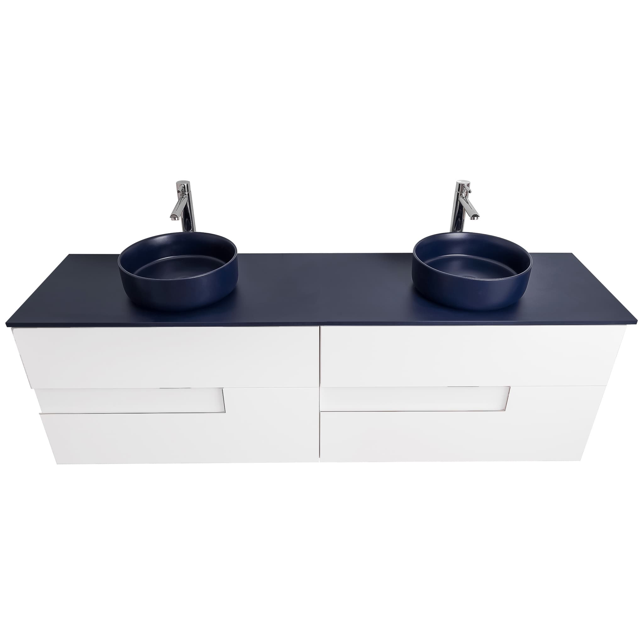 Vision 63 White High Gloss Cabinet, Ares Navy Blue Top And Two Ares Navy Blue Ceramic Basin, Wall Mounted Modern Vanity Set