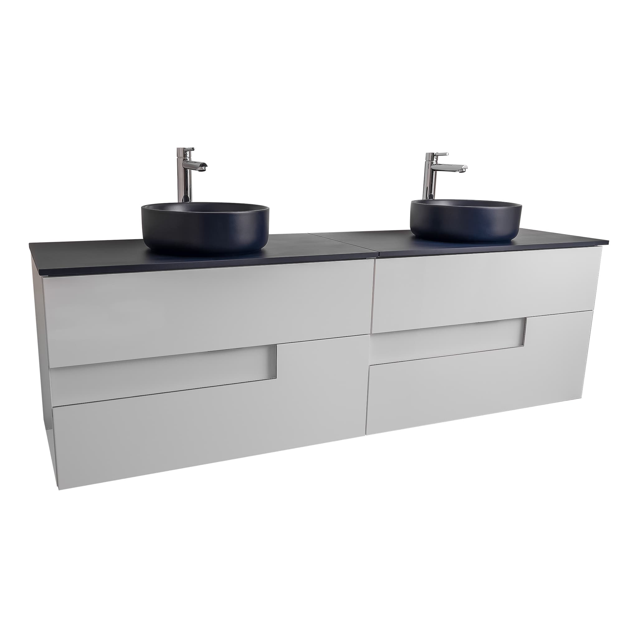 Vision 72 White High Gloss Cabinet, Ares Navy Blue Top And Two Ares Navy Blue Ceramic Basin, Wall Mounted Modern Vanity Set