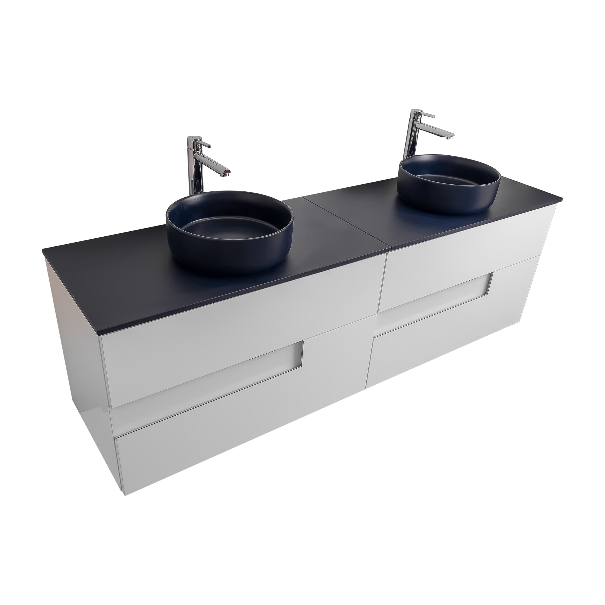 Vision 72 White High Gloss Cabinet, Ares Navy Blue Top And Two Ares Navy Blue Ceramic Basin, Wall Mounted Modern Vanity Set