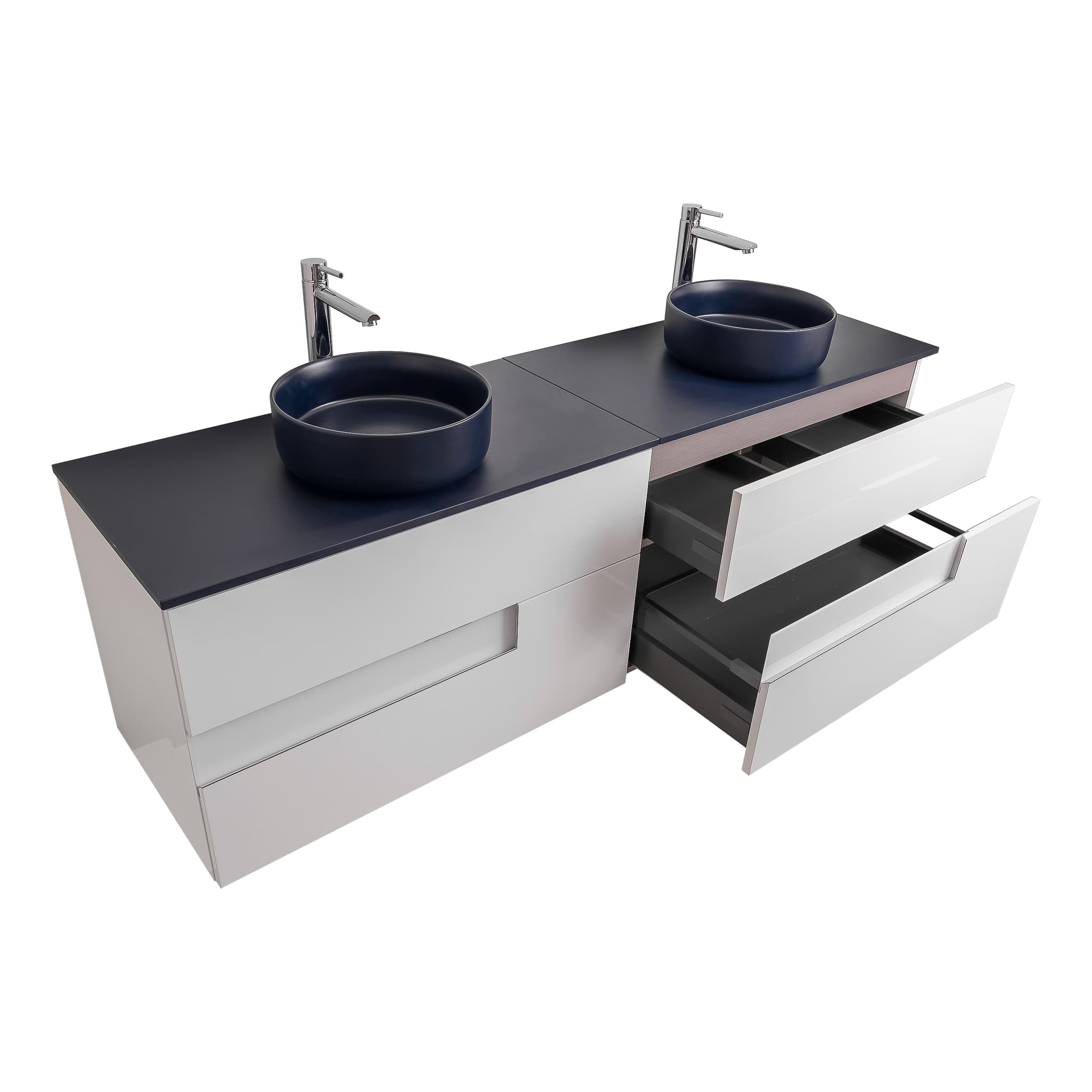 Vision 72 White High Gloss Cabinet, Ares Navy Blue Top And Two Ares Navy Blue Ceramic Basin, Wall Mounted Modern Vanity Set