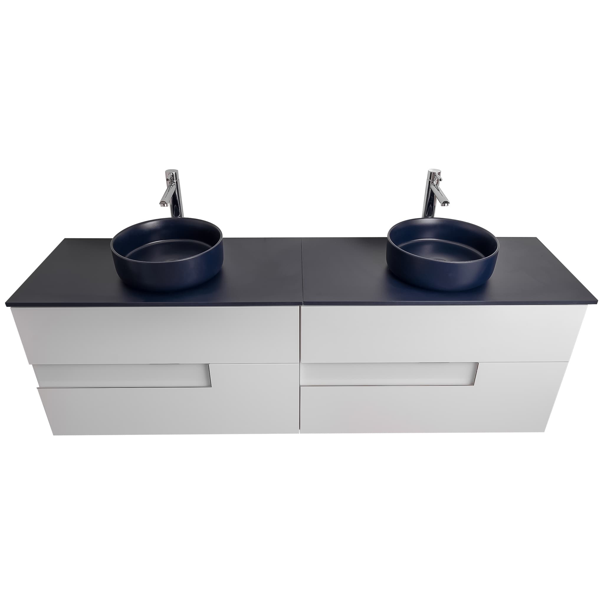 Vision 72 White High Gloss Cabinet, Ares Navy Blue Top And Two Ares Navy Blue Ceramic Basin, Wall Mounted Modern Vanity Set