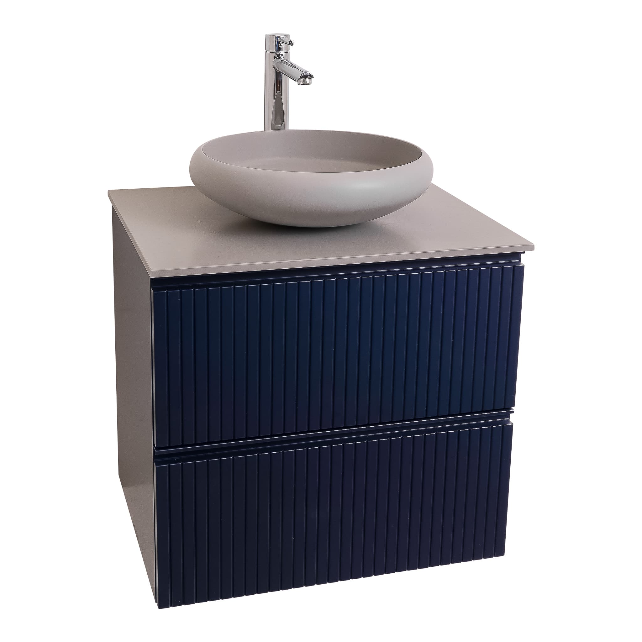 Ares 23.5 Matte Navy Blue Cabinet, Solid Surface Flat Grey Counter And Round Solid Surface Grey Basin 1153, Wall Mounted Modern Vanity Set