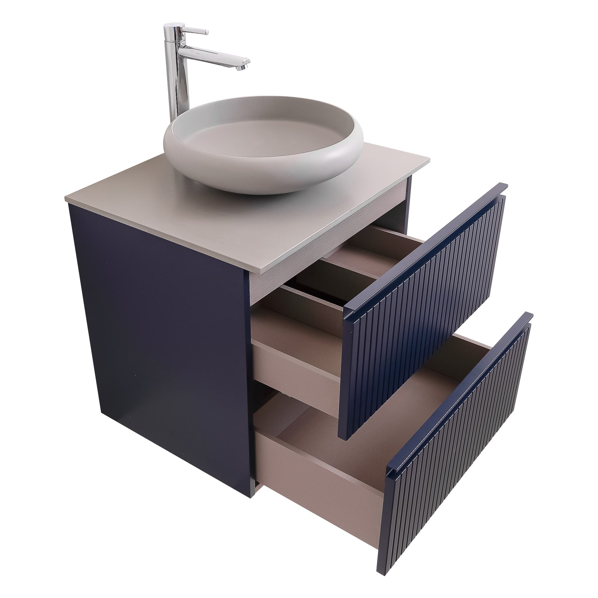 Ares 23.5 Matte Navy Blue Cabinet, Solid Surface Flat Grey Counter And Round Solid Surface Grey Basin 1153, Wall Mounted Modern Vanity Set