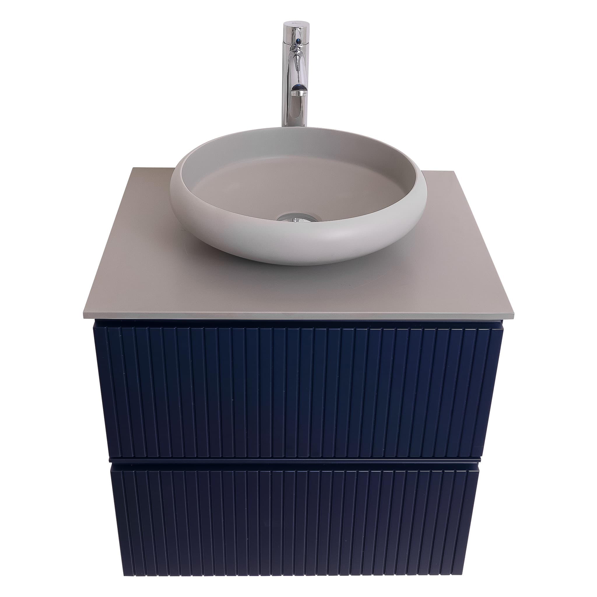 Ares 23.5 Matte Navy Blue Cabinet, Solid Surface Flat Grey Counter And Round Solid Surface Grey Basin 1153, Wall Mounted Modern Vanity Set