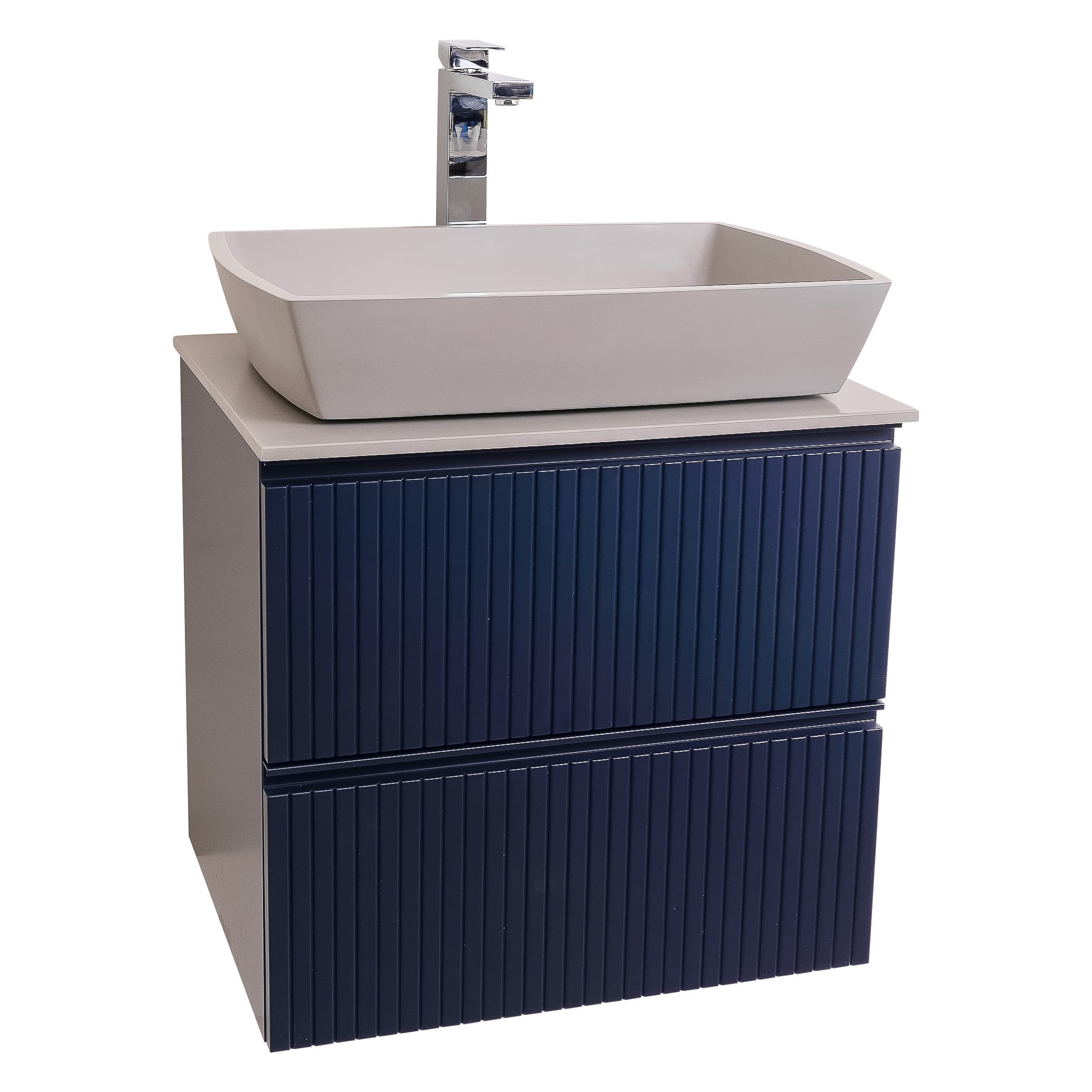 Ares 23.5 Matte Navy Blue Cabinet, Solid Surface Flat Grey Counter And Square Solid Surface Grey Basin 1316, Wall Mounted Modern Vanity Set