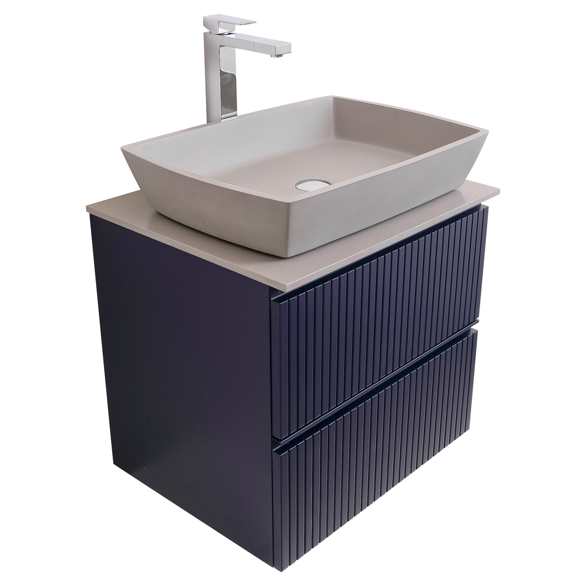 Ares 23.5 Matte Navy Blue Cabinet, Solid Surface Flat Grey Counter And Square Solid Surface Grey Basin 1316, Wall Mounted Modern Vanity Set