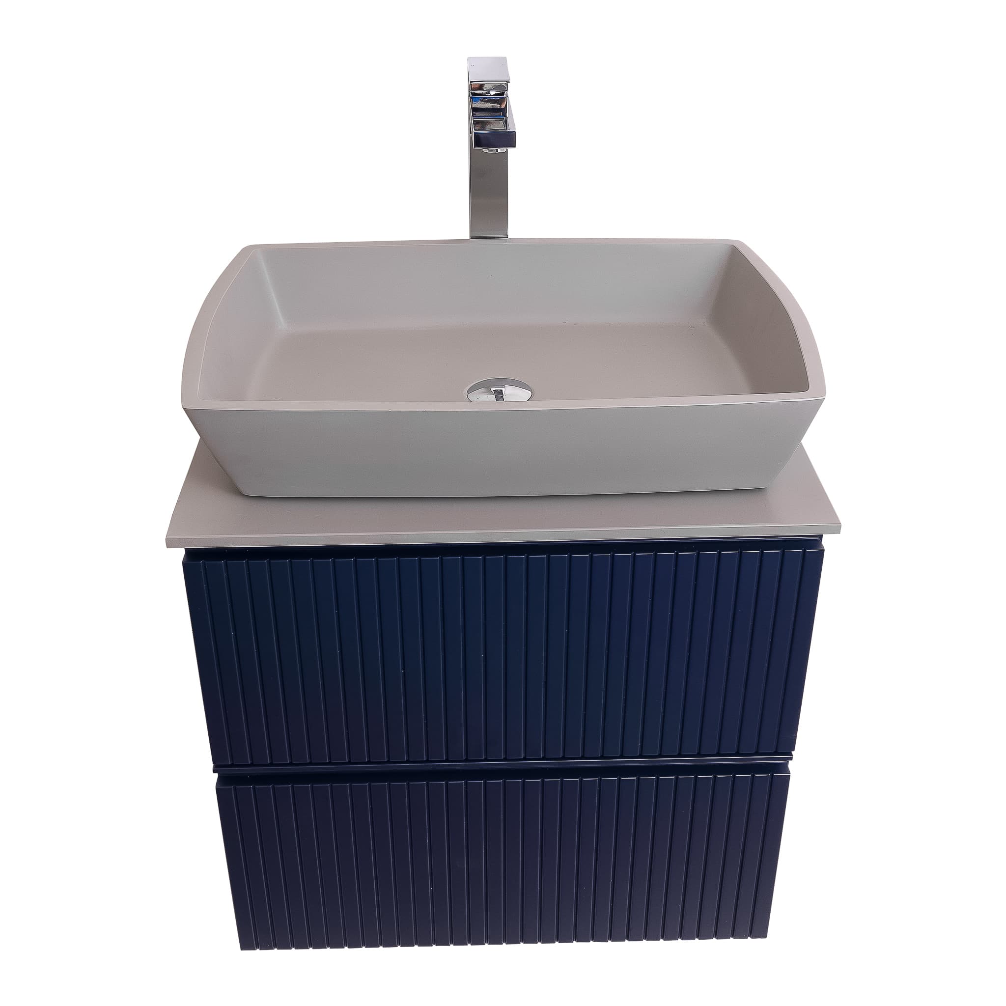 Ares 23.5 Matte Navy Blue Cabinet, Solid Surface Flat Grey Counter And Square Solid Surface Grey Basin 1316, Wall Mounted Modern Vanity Set