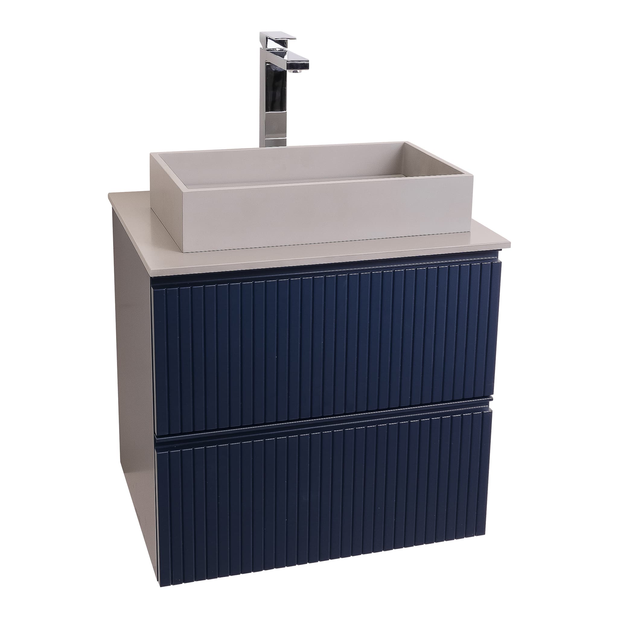 Ares 23.5 Matte Navy Blue Cabinet, Solid Surface Flat Grey Counter And Infinity Square Solid Surface Grey Basin 1329, Wall Mounted Modern Vanity Set