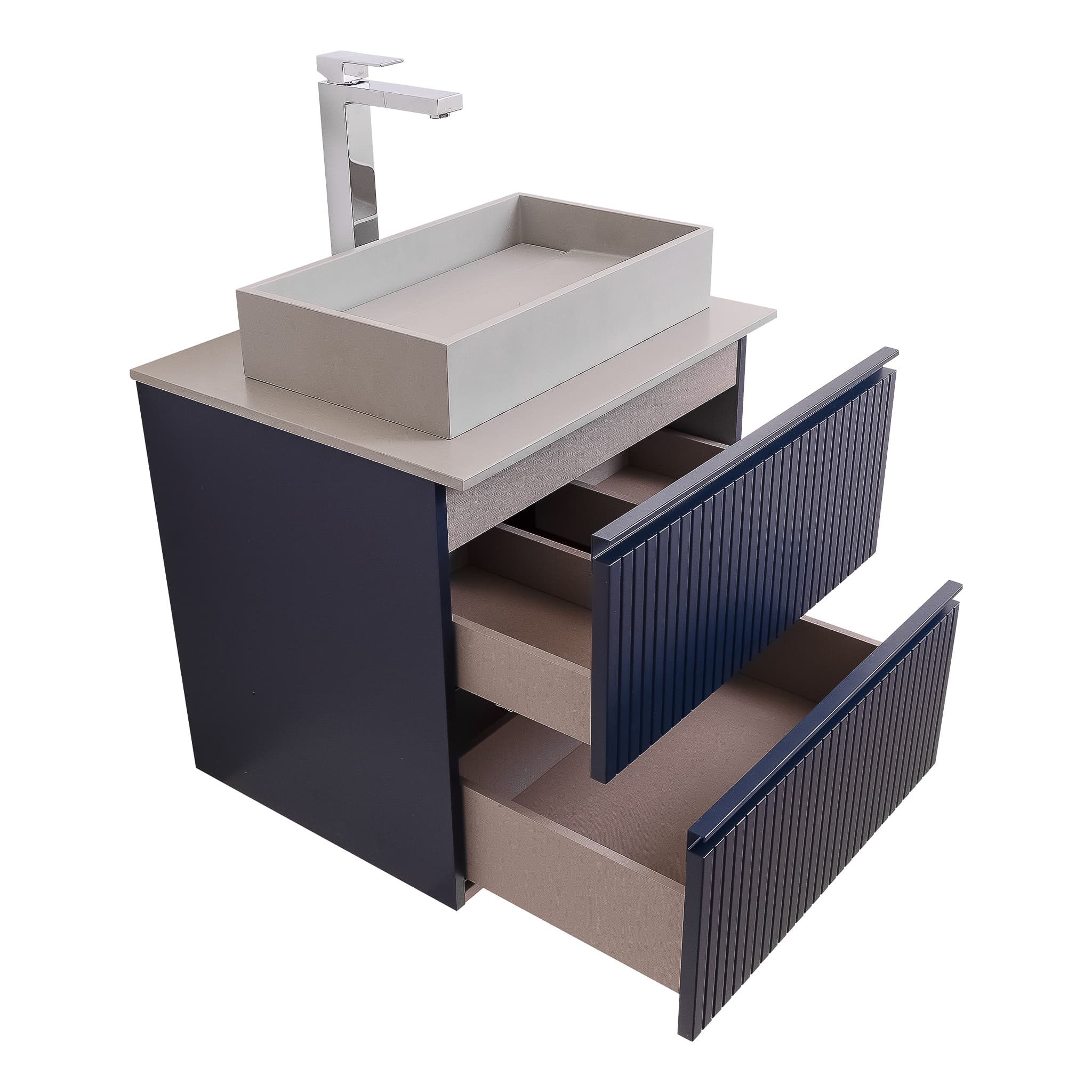 Ares 23.5 Matte Navy Blue Cabinet, Solid Surface Flat Grey Counter And Infinity Square Solid Surface Grey Basin 1329, Wall Mounted Modern Vanity Set