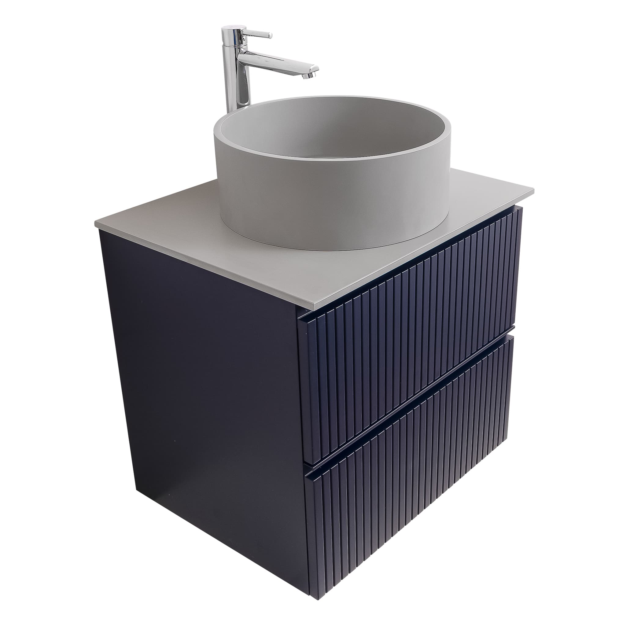 Ares 23.5 Matte Navy Blue Cabinet, Solid Surface Flat Grey Counter And Round Solid Surface Grey Basin 1386, Wall Mounted Modern Vanity Set