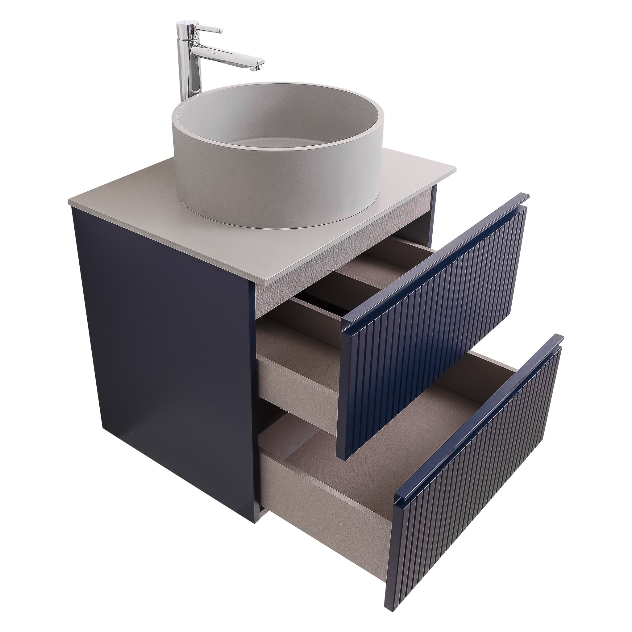 Ares 23.5 Matte Navy Blue Cabinet, Solid Surface Flat Grey Counter And Round Solid Surface Grey Basin 1386, Wall Mounted Modern Vanity Set