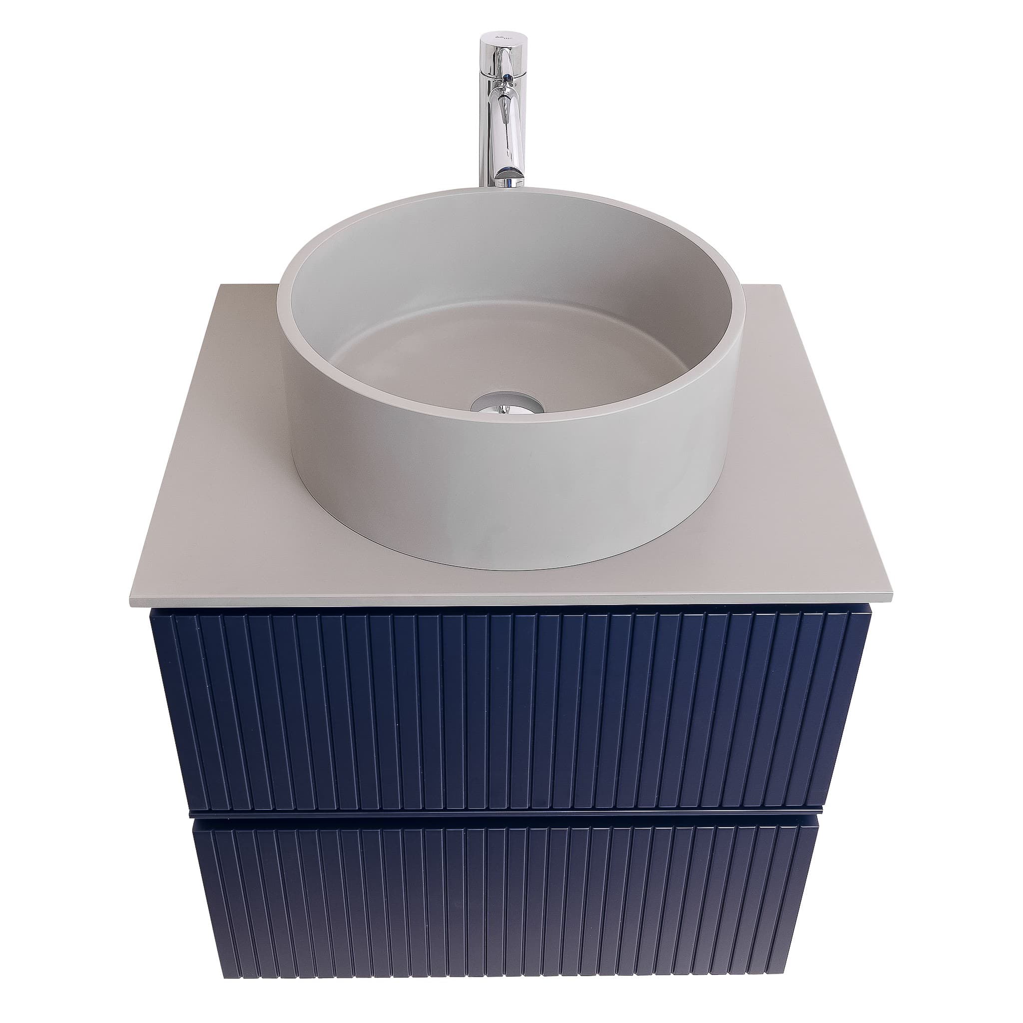 Ares 23.5 Matte Navy Blue Cabinet, Solid Surface Flat Grey Counter And Round Solid Surface Grey Basin 1386, Wall Mounted Modern Vanity Set