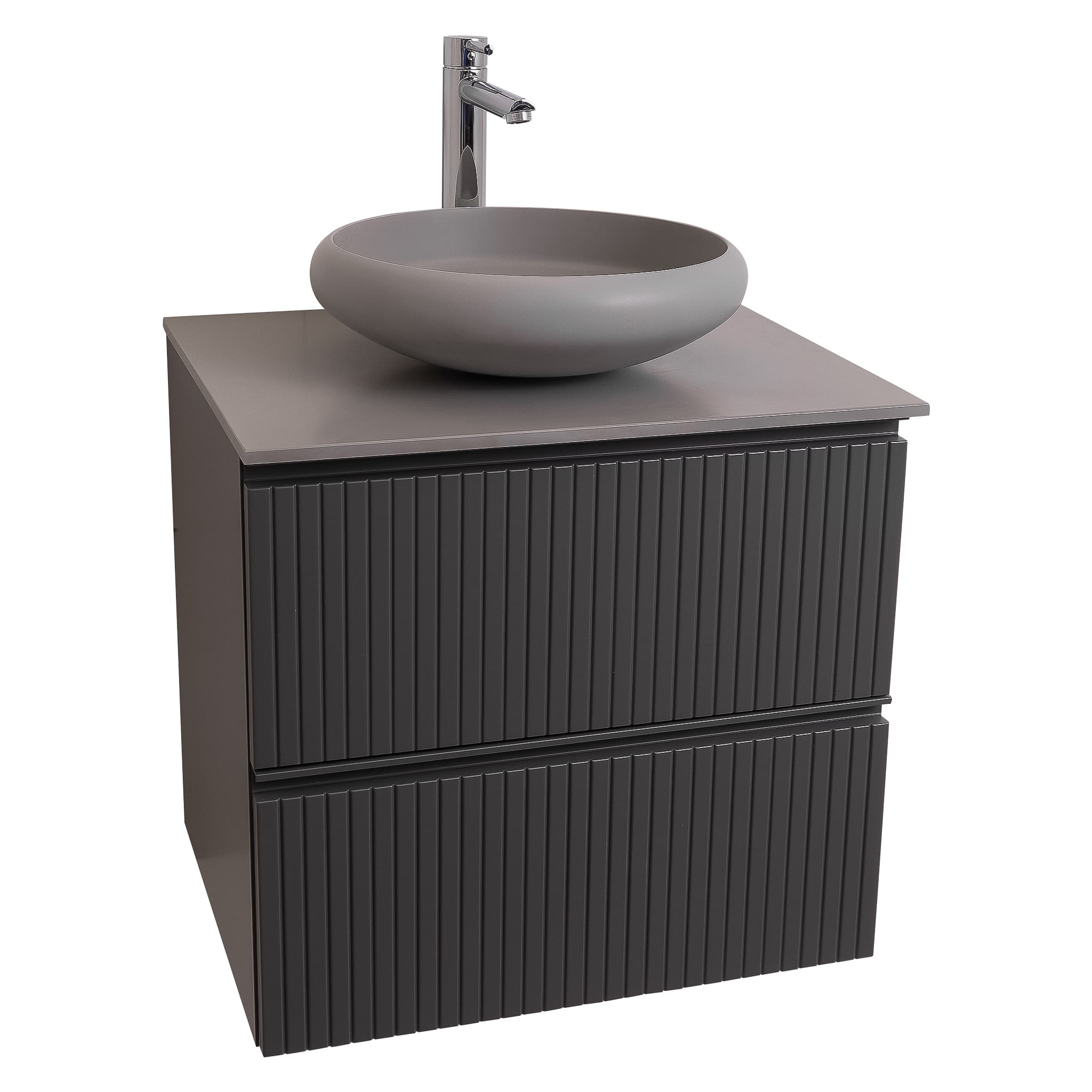 Ares 23.5 Matte Grey Cabinet, Solid Surface Flat Grey Counter And Round Solid Surface Grey Basin 1153, Wall Mounted Modern Vanity Set
