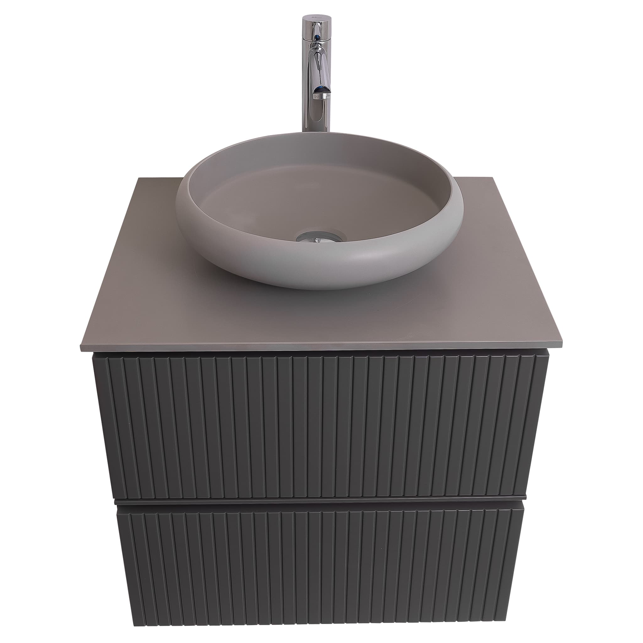 Ares 23.5 Matte Grey Cabinet, Solid Surface Flat Grey Counter And Round Solid Surface Grey Basin 1153, Wall Mounted Modern Vanity Set
