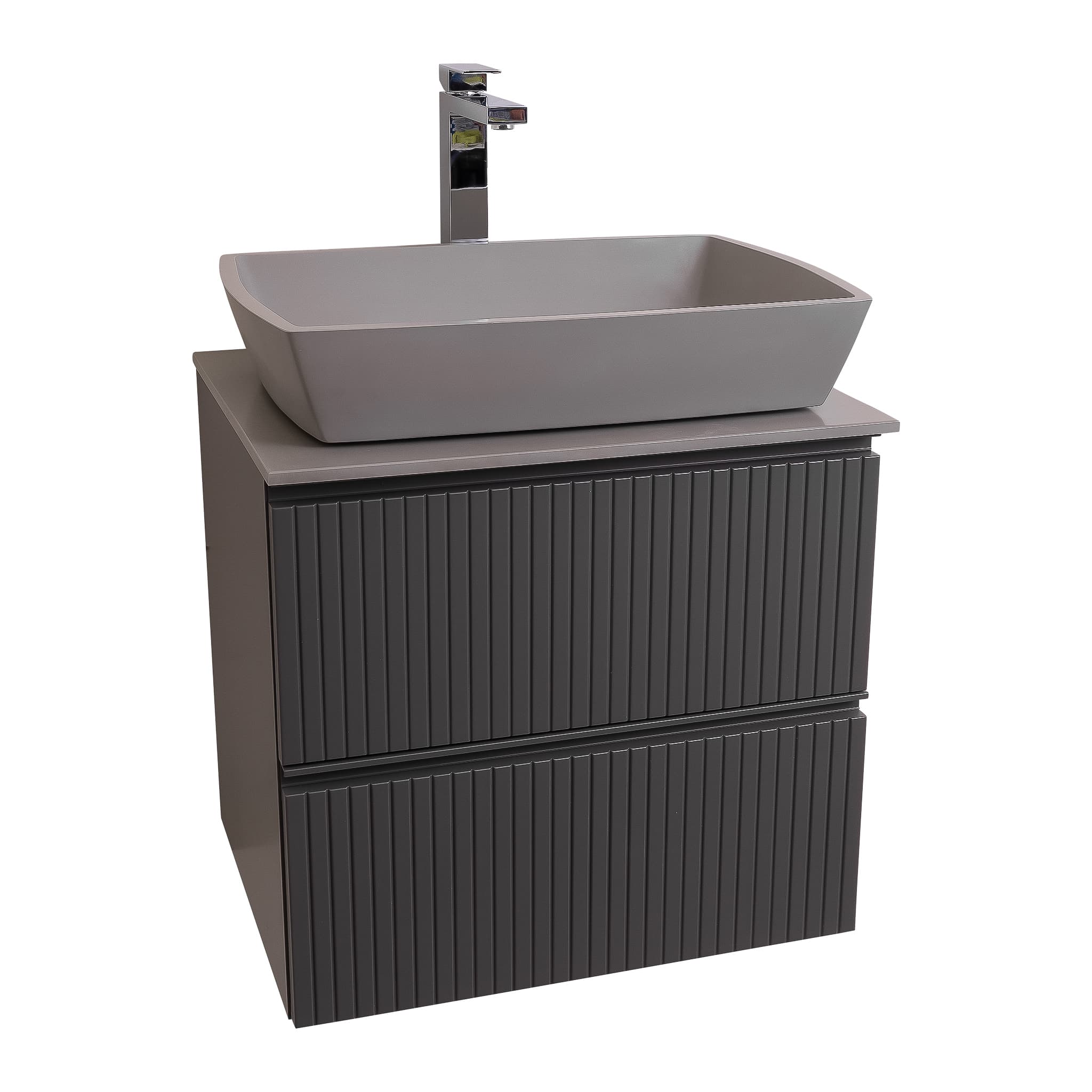 Ares 23.5 Matte Grey Cabinet, Solid Surface Flat Grey Counter And Square Solid Surface Grey Basin 1316, Wall Mounted Modern Vanity Set