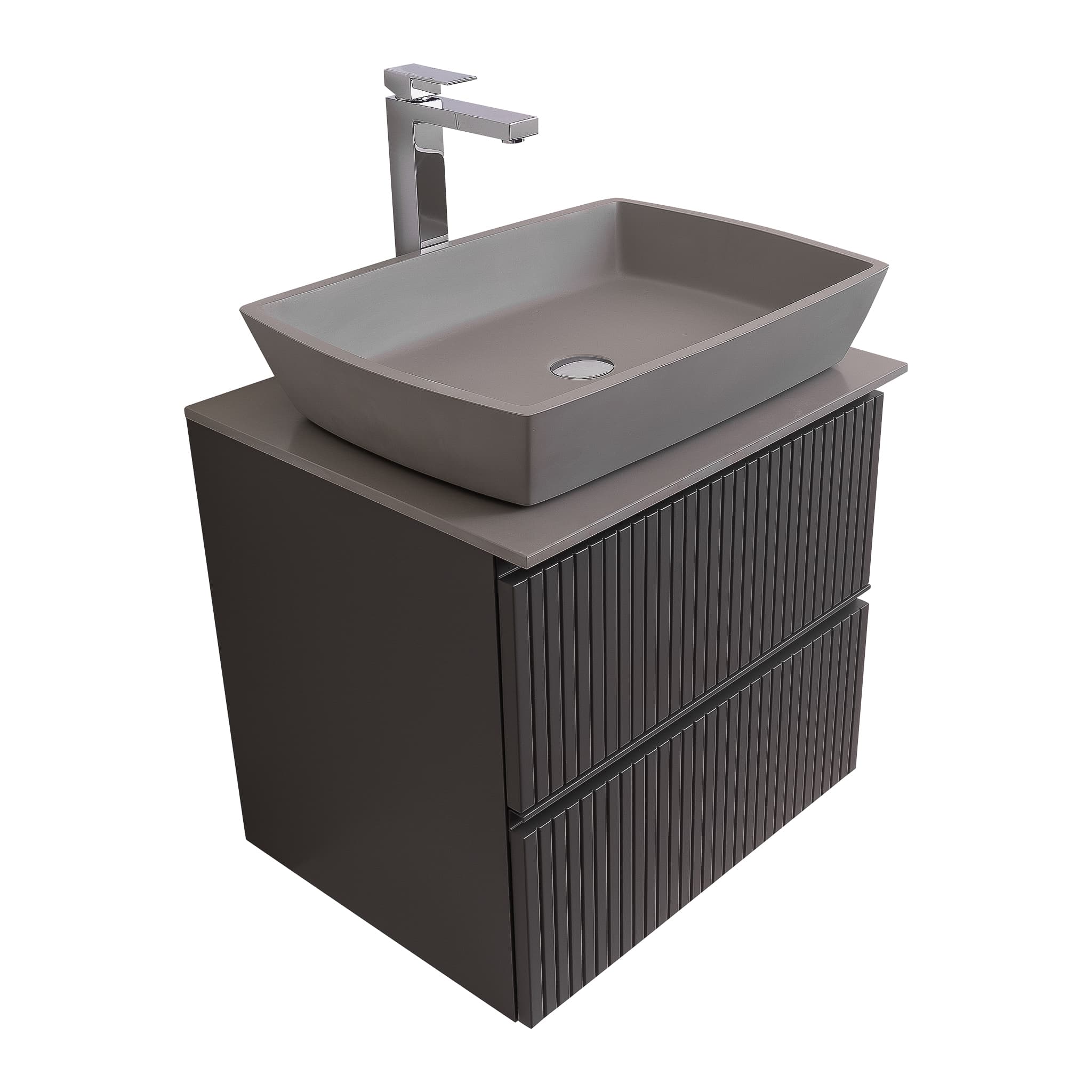 Ares 23.5 Matte Grey Cabinet, Solid Surface Flat Grey Counter And Square Solid Surface Grey Basin 1316, Wall Mounted Modern Vanity Set