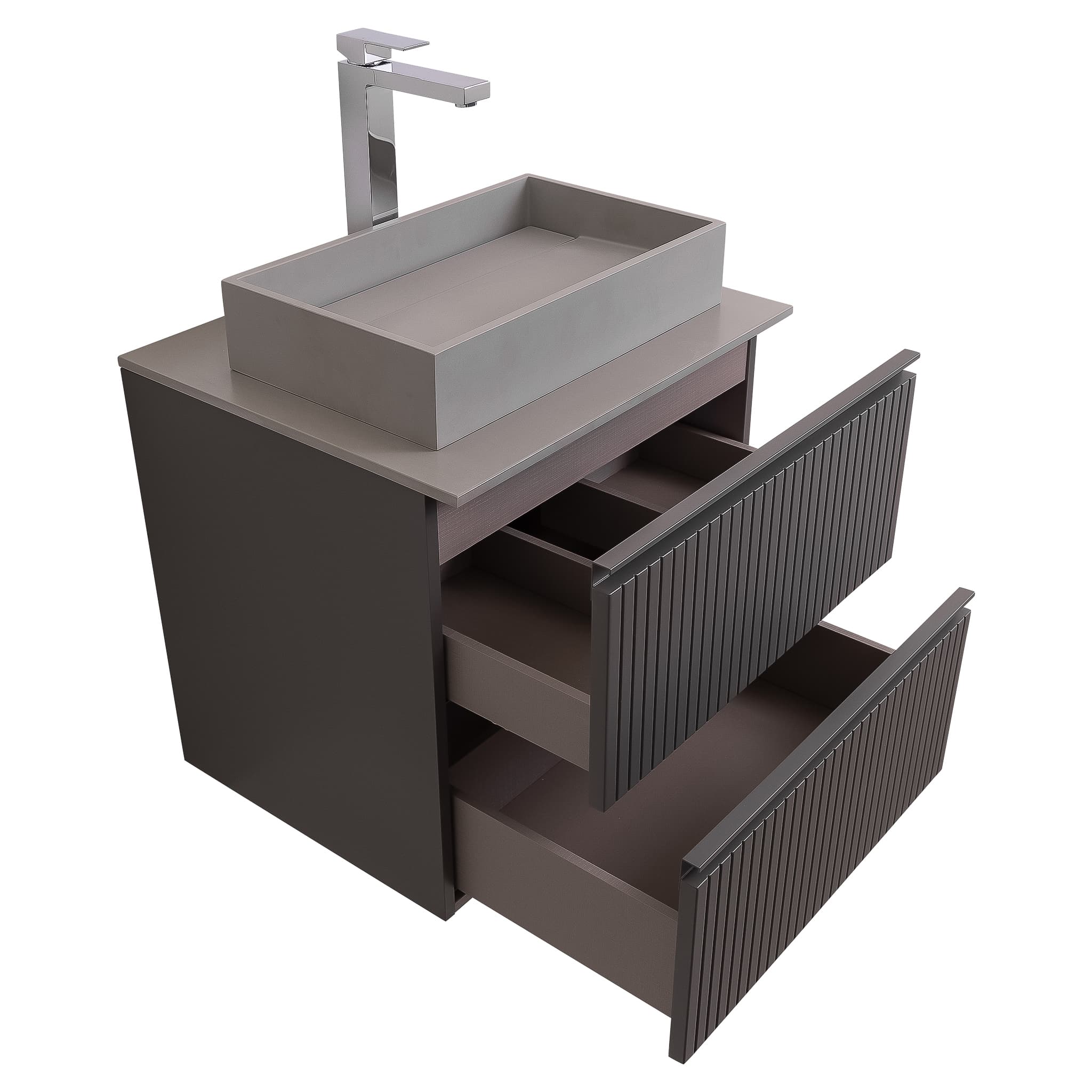 Ares 23.5 Matte Grey Cabinet, Solid Surface Flat Grey Counter And Infinity Square Solid Surface Grey Basin 1329, Wall Mounted Modern Vanity Set