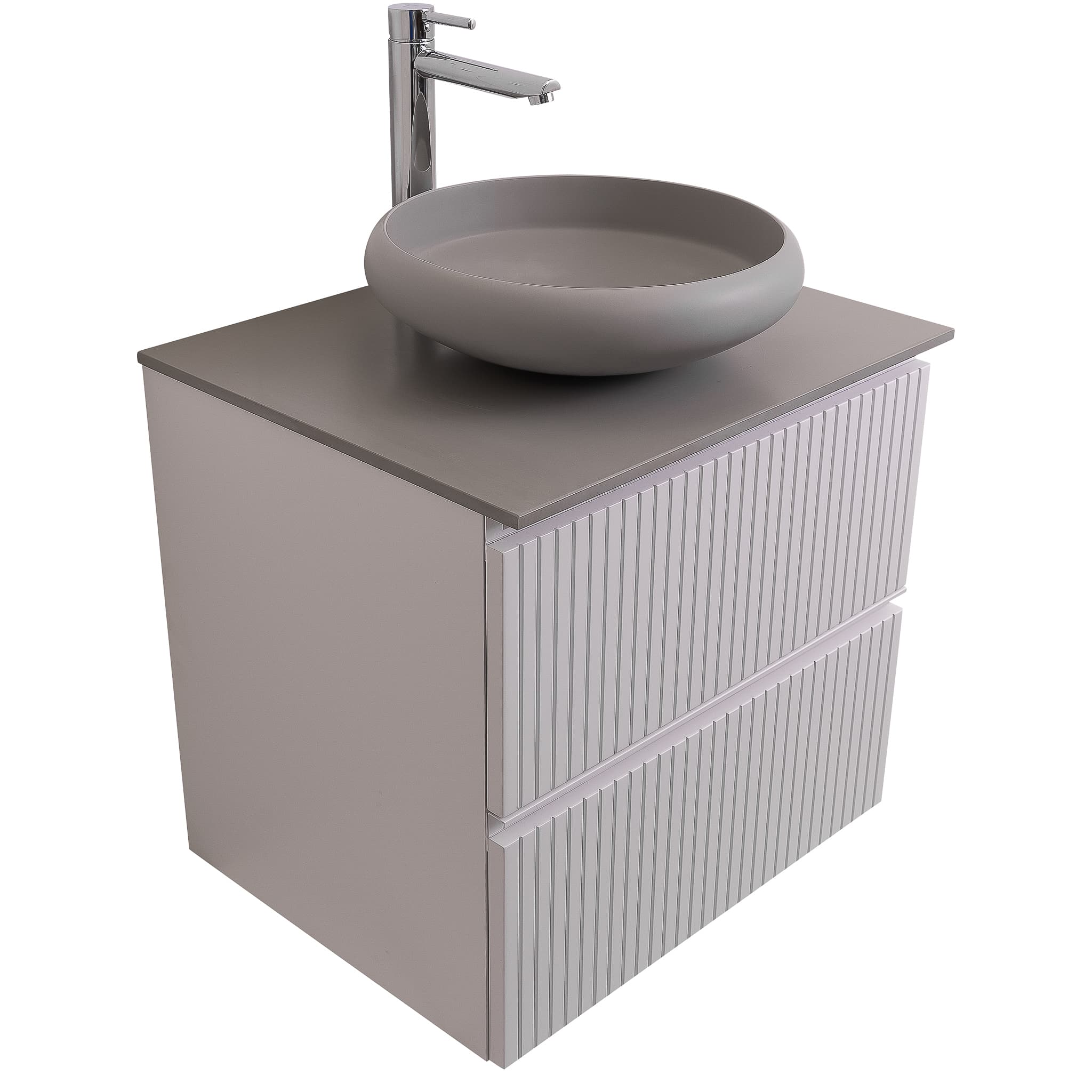 Ares 23.5 Matte White Cabinet, Solid Surface Flat Grey Counter And Round Solid Surface Grey Basin 1153, Wall Mounted Modern Vanity Set