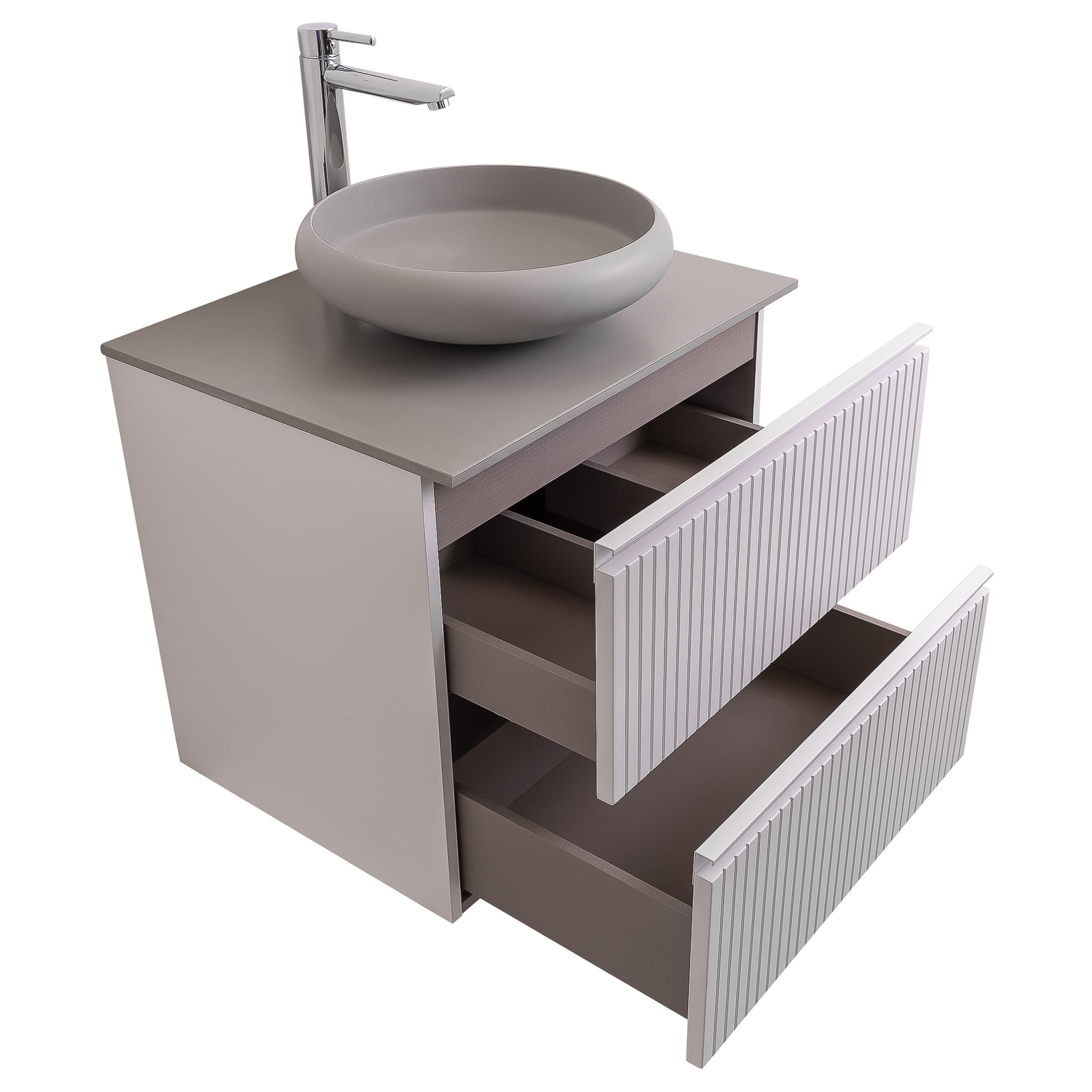 Ares 23.5 Matte White Cabinet, Solid Surface Flat Grey Counter And Round Solid Surface Grey Basin 1153, Wall Mounted Modern Vanity Set