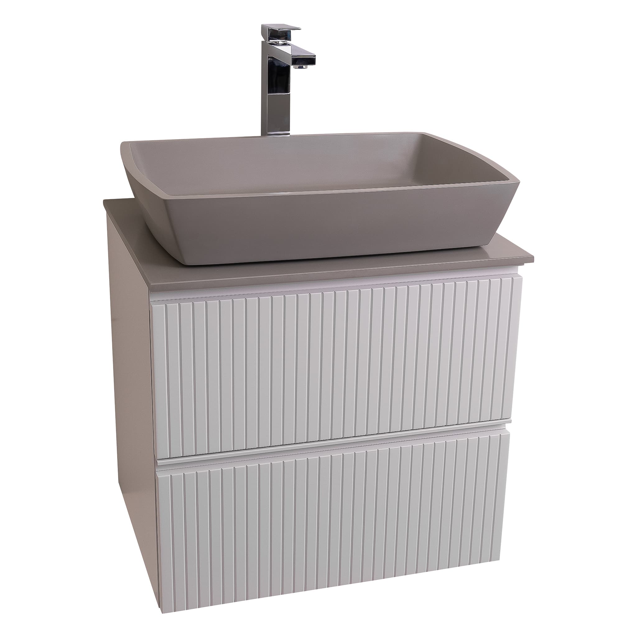 Ares 23.5 White Matte Cabinet, Solid Surface Flat Grey Counter And Square Solid Surface Grey Basin 1316, Wall Mounted Modern Vanity Set