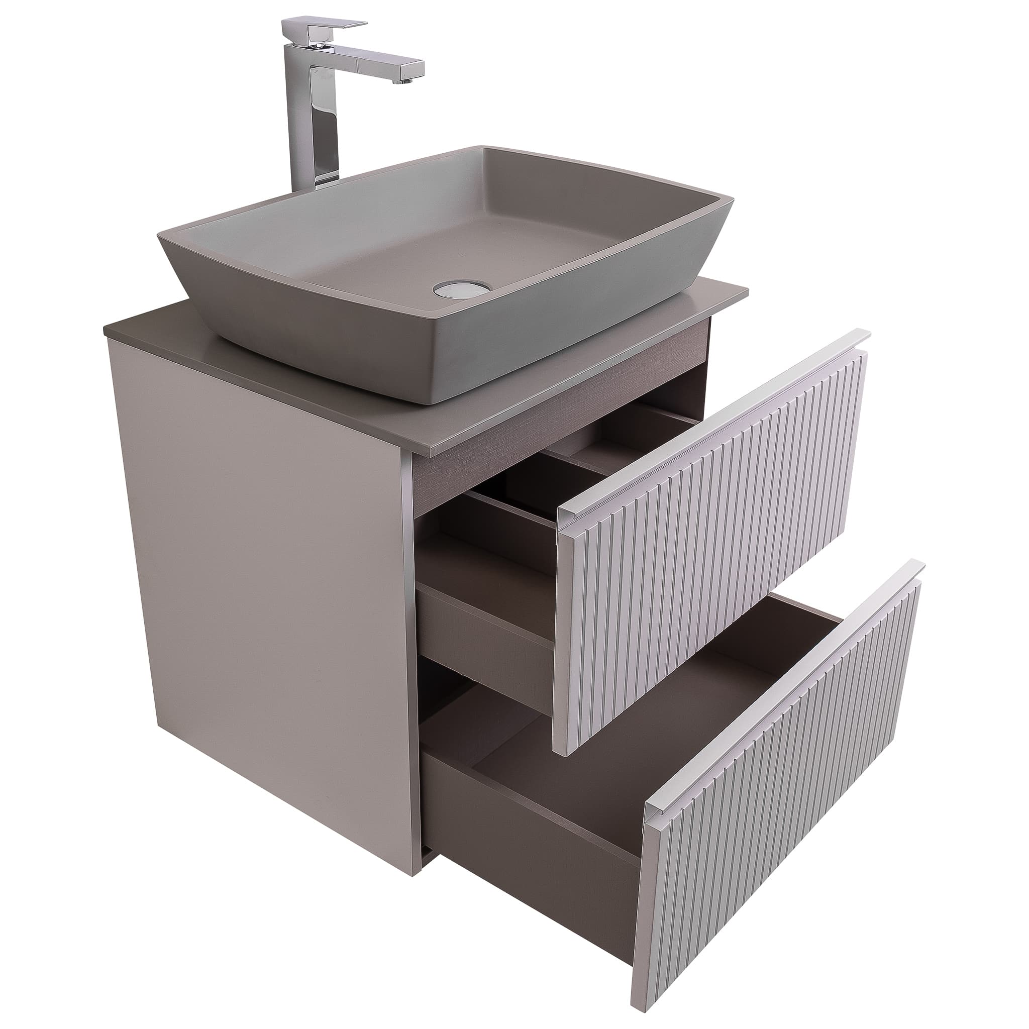 Ares 23.5 White Matte Cabinet, Solid Surface Flat Grey Counter And Square Solid Surface Grey Basin 1316, Wall Mounted Modern Vanity Set