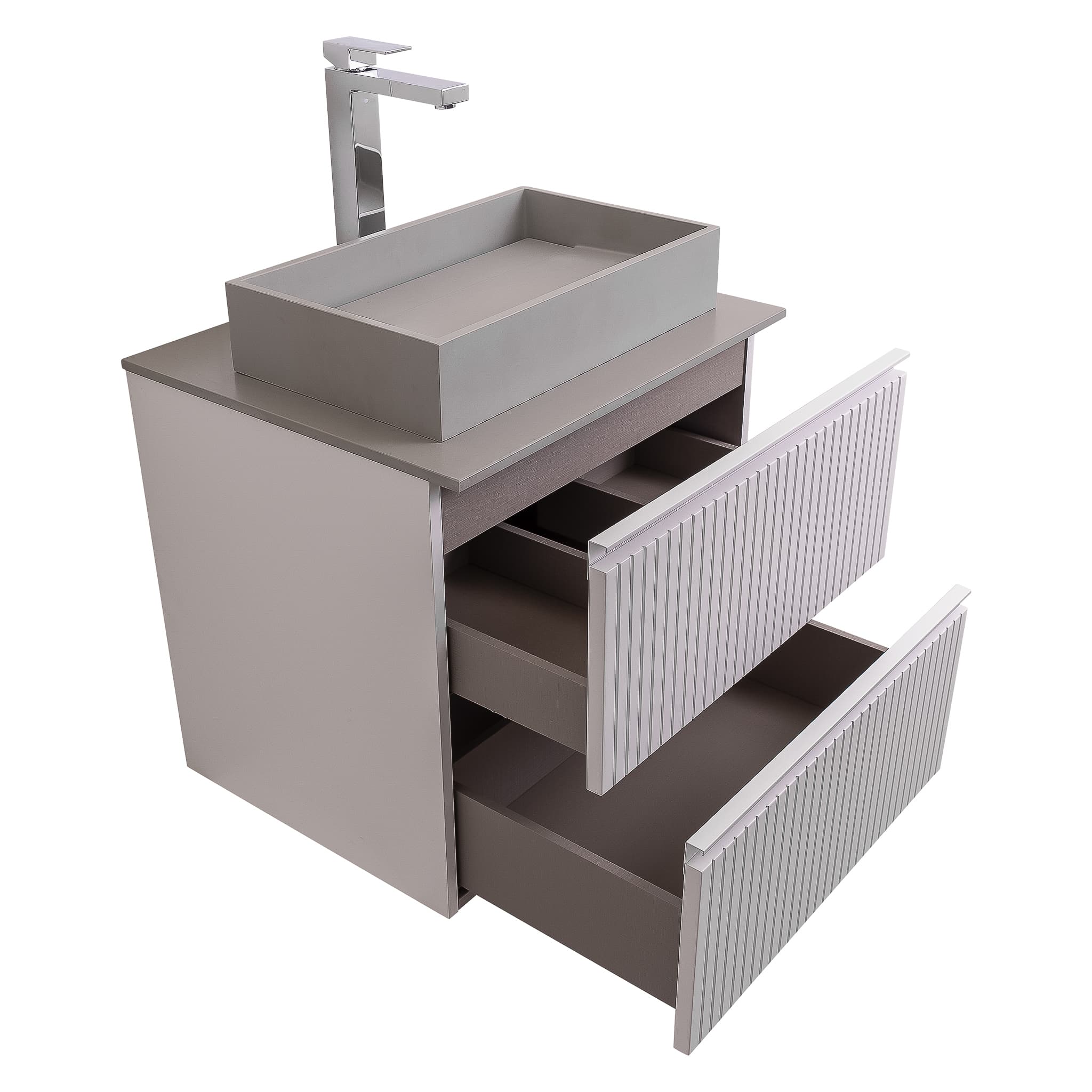 Ares 23.5 Matte White Cabinet, Solid Surface Flat Grey Counter And Infinity Square Solid Surface Grey Basin 1329, Wall Mounted Modern Vanity Set