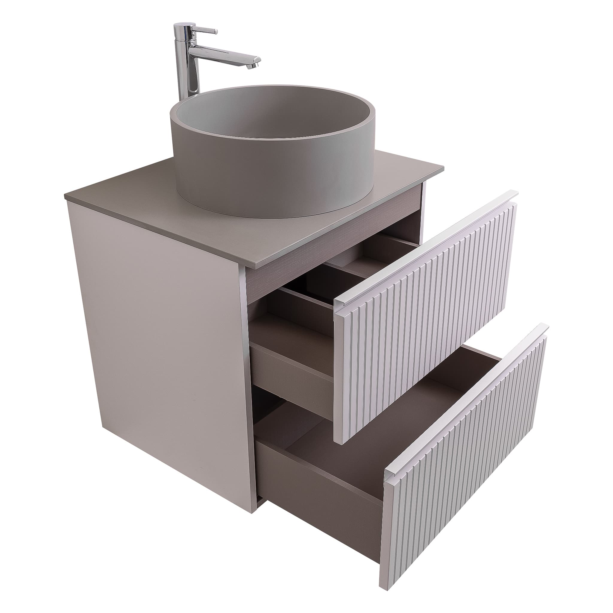 Ares 23.5 Matte White Cabinet, Solid Surface Flat Grey Counter And Round Solid Surface Grey Basin 1386, Wall Mounted Modern Vanity Set