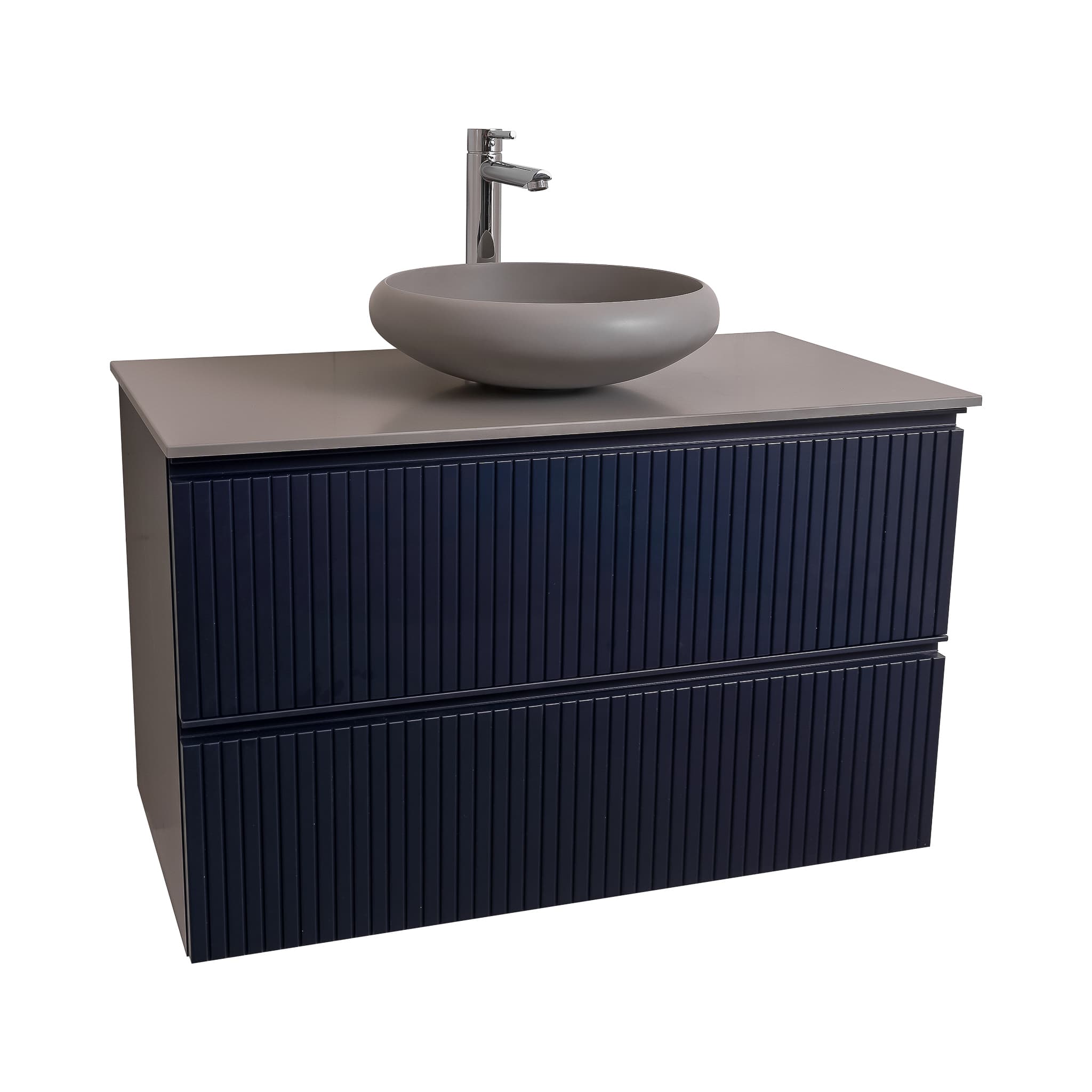 Ares 31.5 Matte Navy Blue Cabinet, Solid Surface Flat Grey Counter And Round Solid Surface Grey Basin 1153, Wall Mounted Modern Vanity Set
